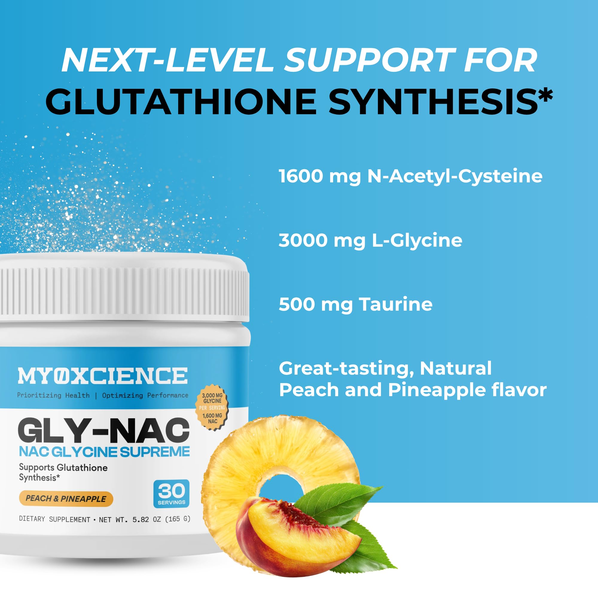 MYOXCIENCE mixed drink in glass, peach pineapple flavored and refreshing