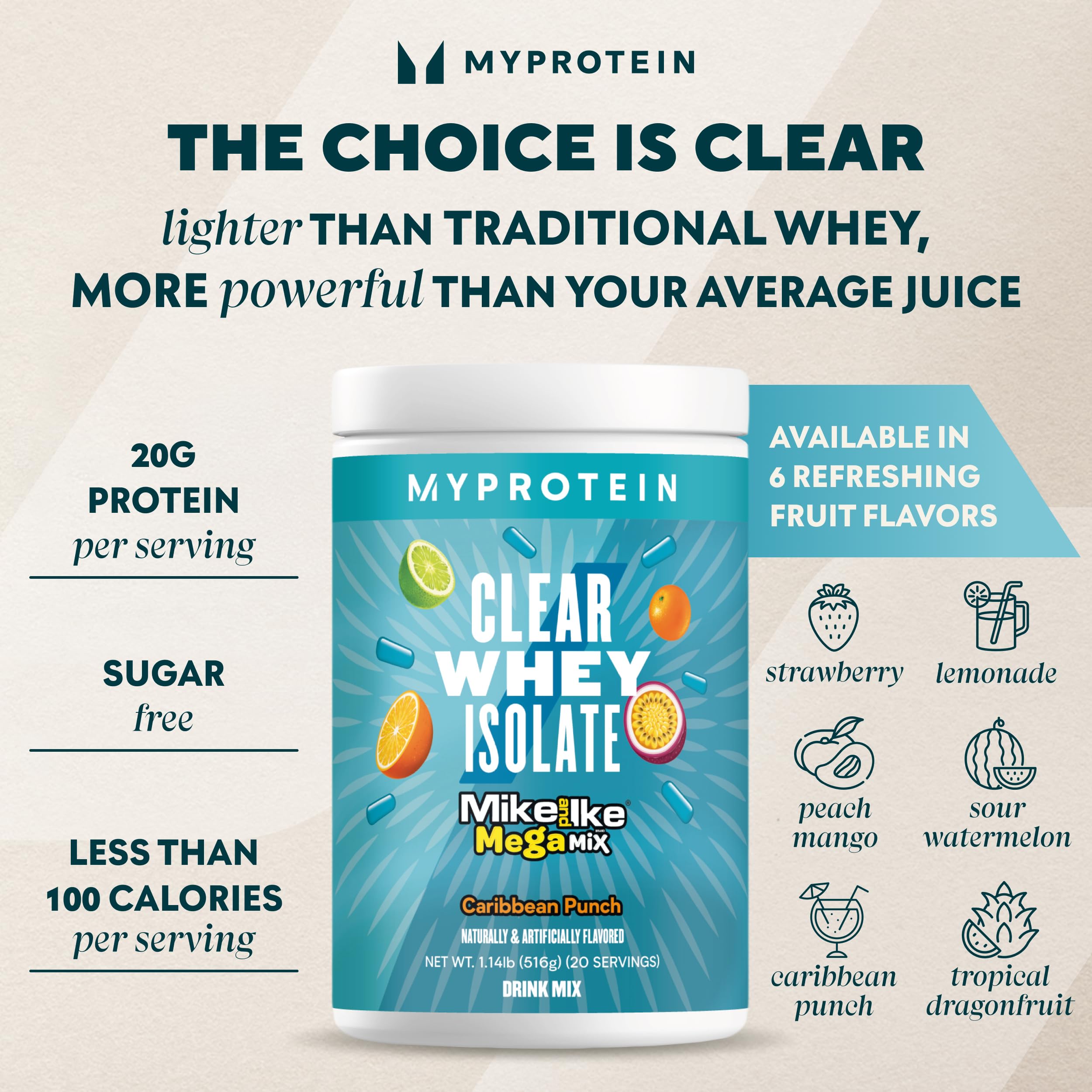 Myprotein Clear Whey Isolate Caribbean Punch, verre d'eau avec saveur fruitée