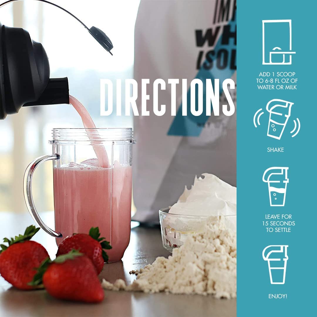 Fiche nutrition Myprotein Impact Whey Isolate Fraise détaillant les protéines et acides aminés