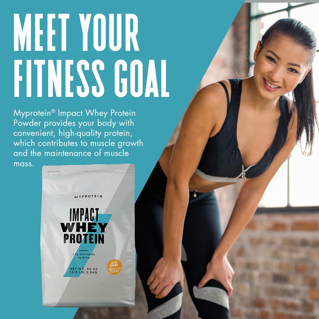 Myprotein Impact Whey Poudre caramel sel, étiquette claire favorisant le choix rapide