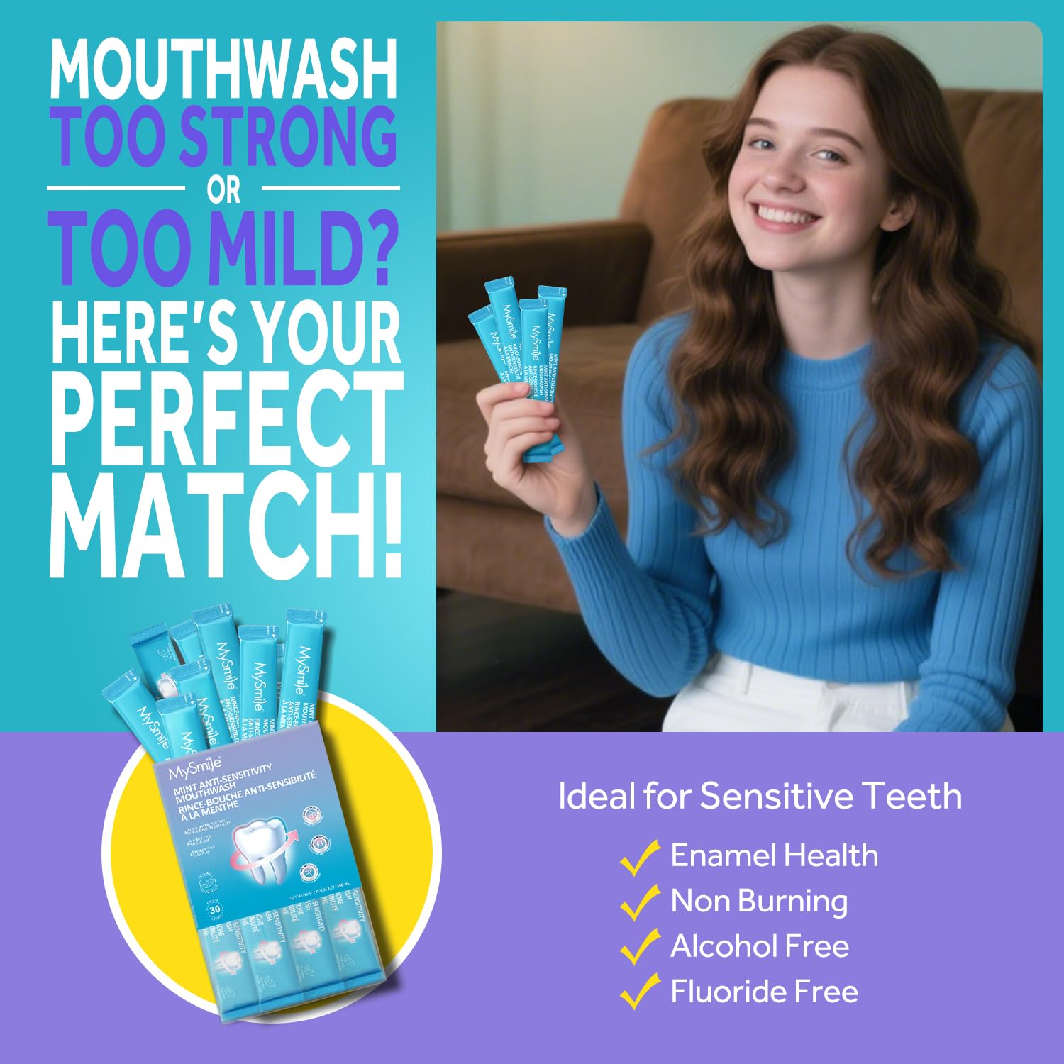 Pack-sachets portables MySmile, pratique en déplacement pour une fraîcheur immédiate.