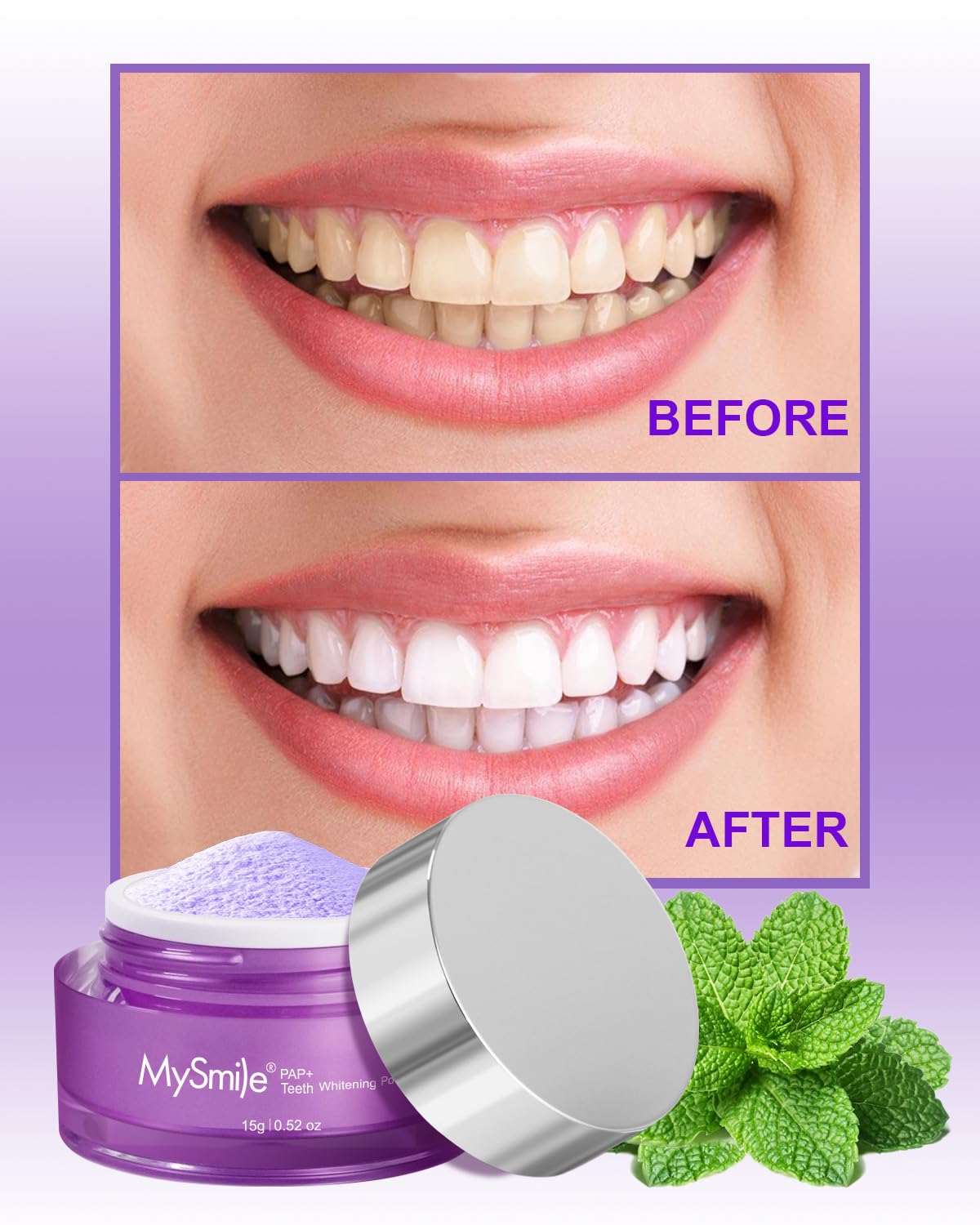 MySmile Pap brosse avec poudre, application simple et précise.