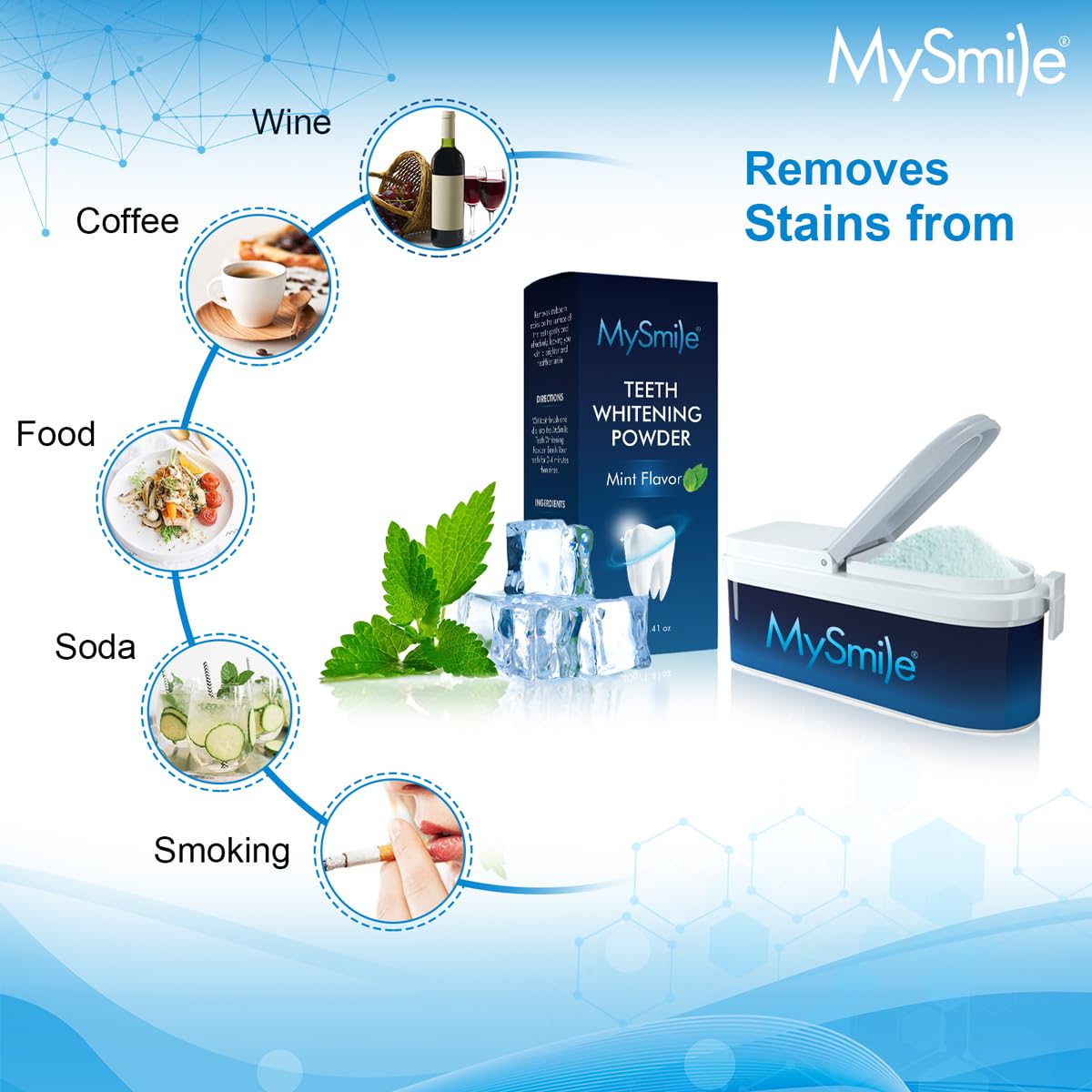 MySmile poudre blanchiment dents sans fluor et sans colorants artificiels.