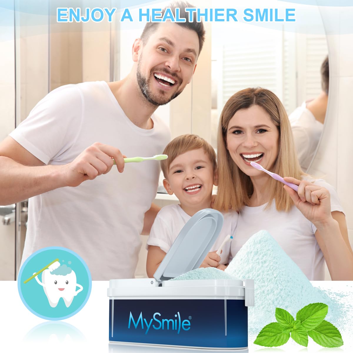 MySmile poudre blanchiment dents texture légère et menthe rafraîchissante.