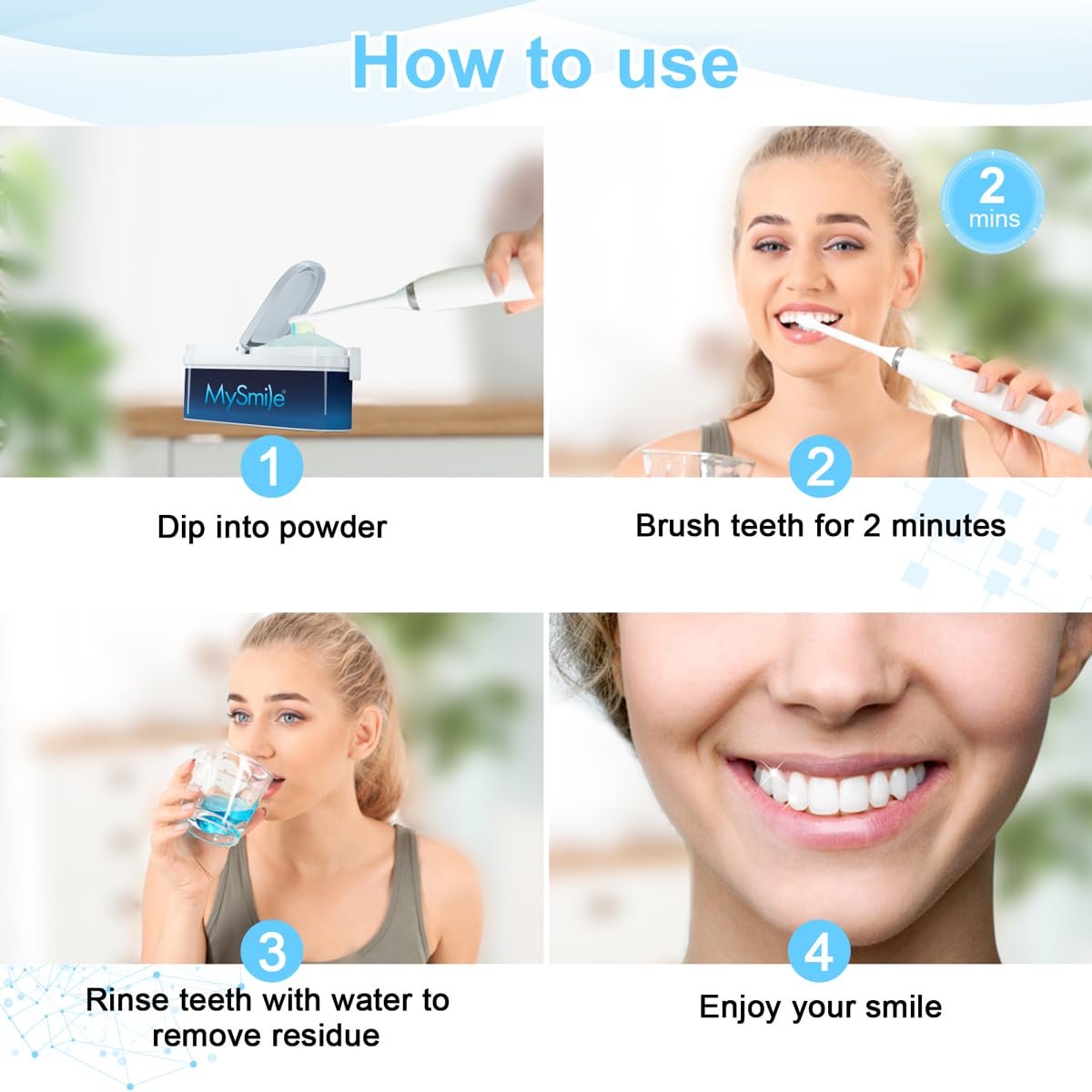 MySmile poudre blanchiment dents guide d’utilisation en deux minutes.