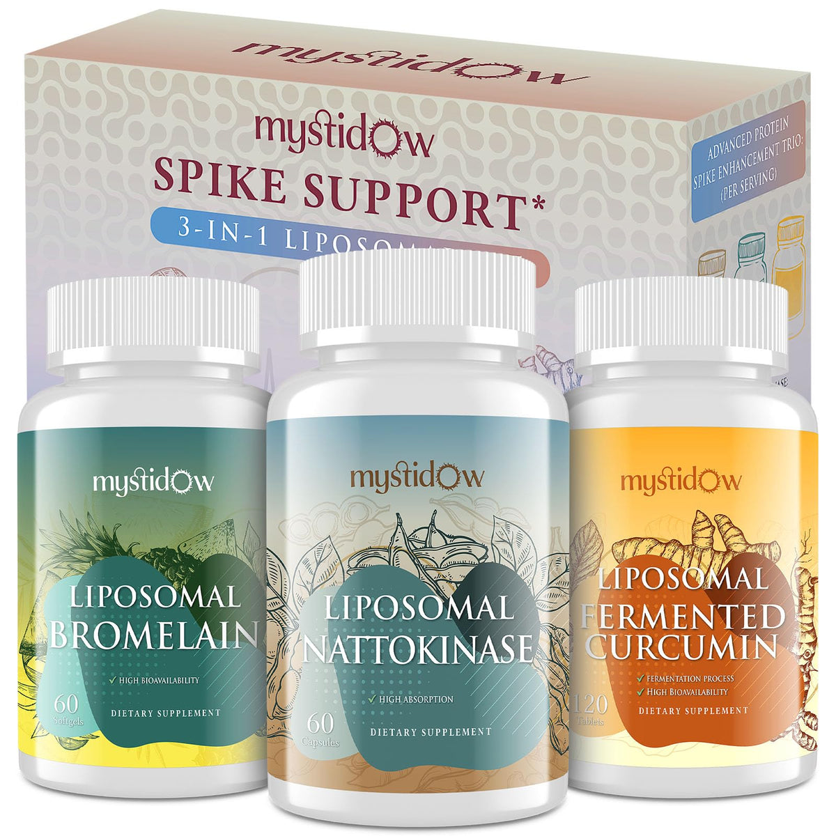 Mystidow Spike Support Trio – bouteille montrant la formulation liposomale pour le soutien immunitaire