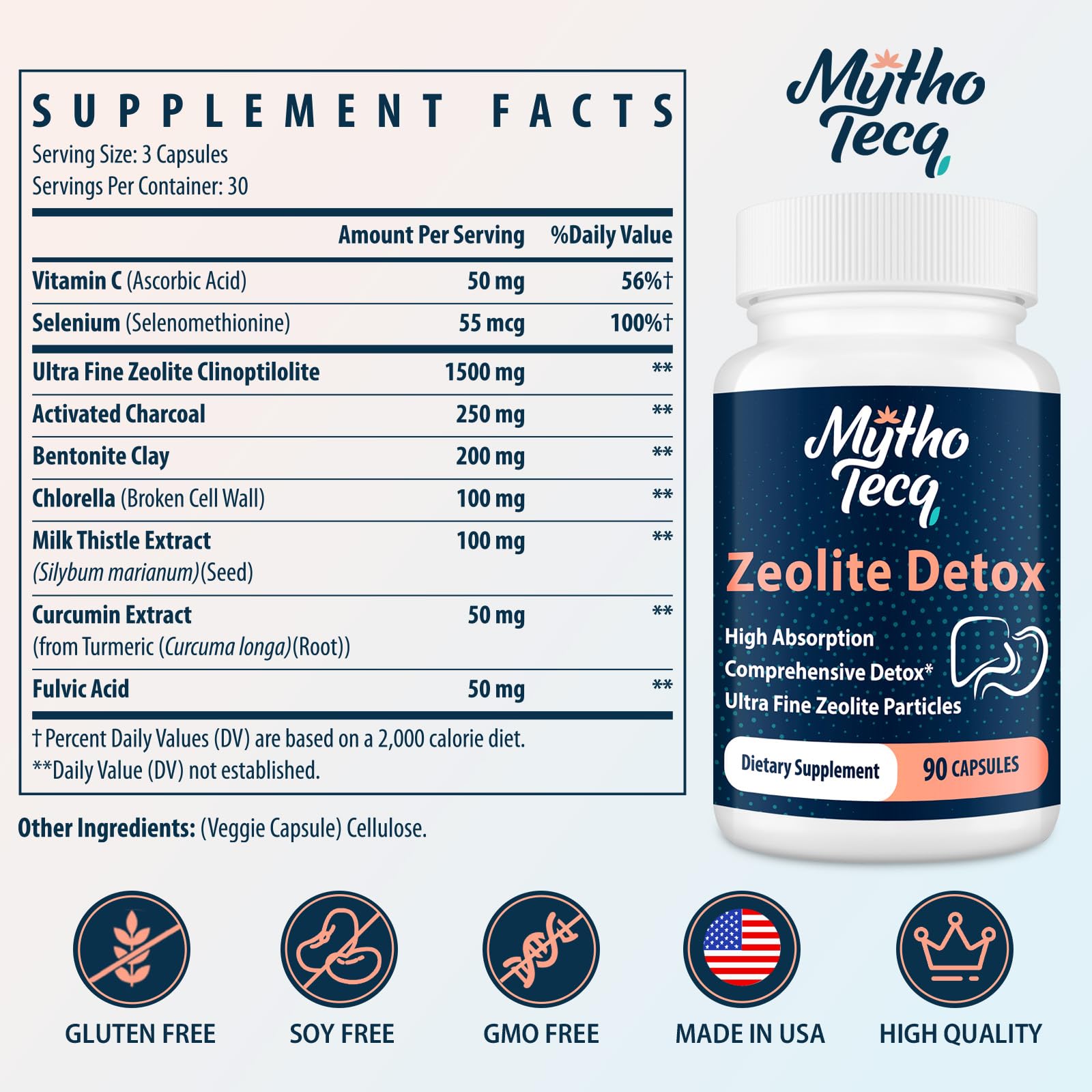 MythoTecq charbon activé – capsules, aide potentielle à l'élimination douce des toxines