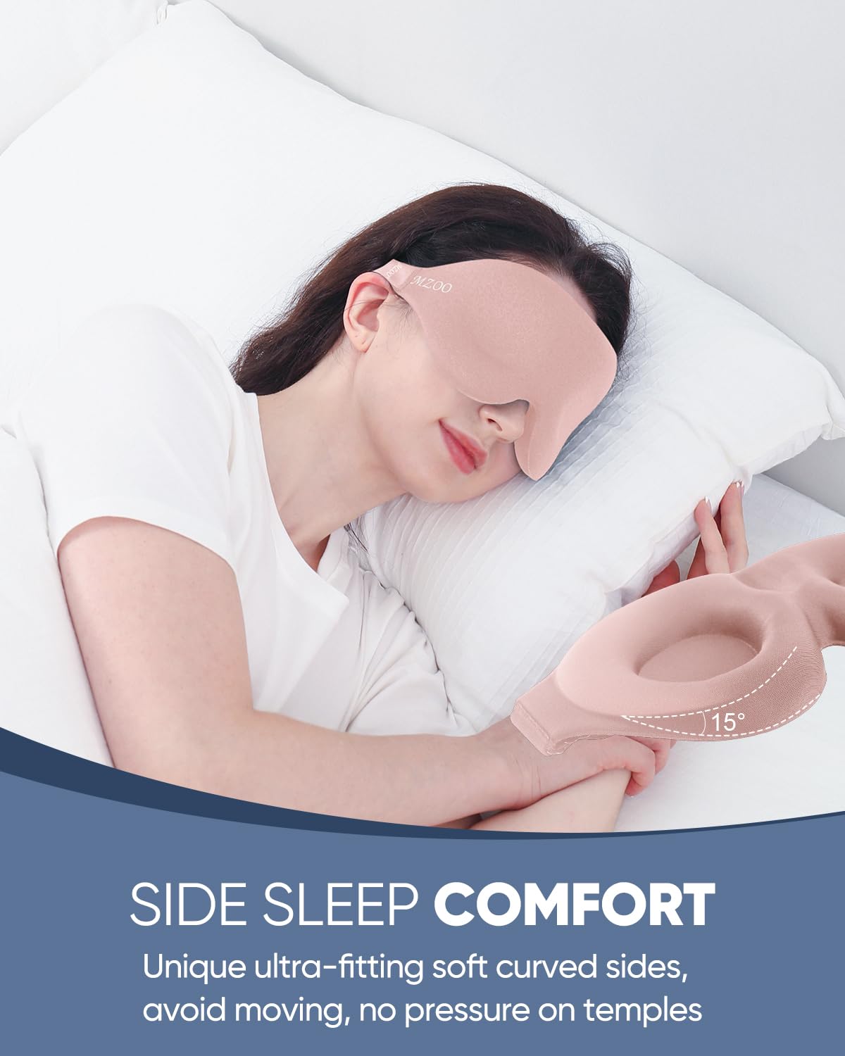 Mzoo masque yeux rose, bords inclinés 15 degrés, idéal pour dormir sur le côté.