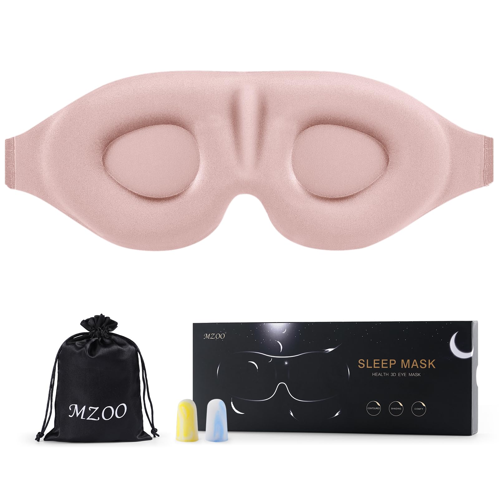 Mzoo masque yeux rose, vue frontale, confort luxueux pour dormeur latéral.