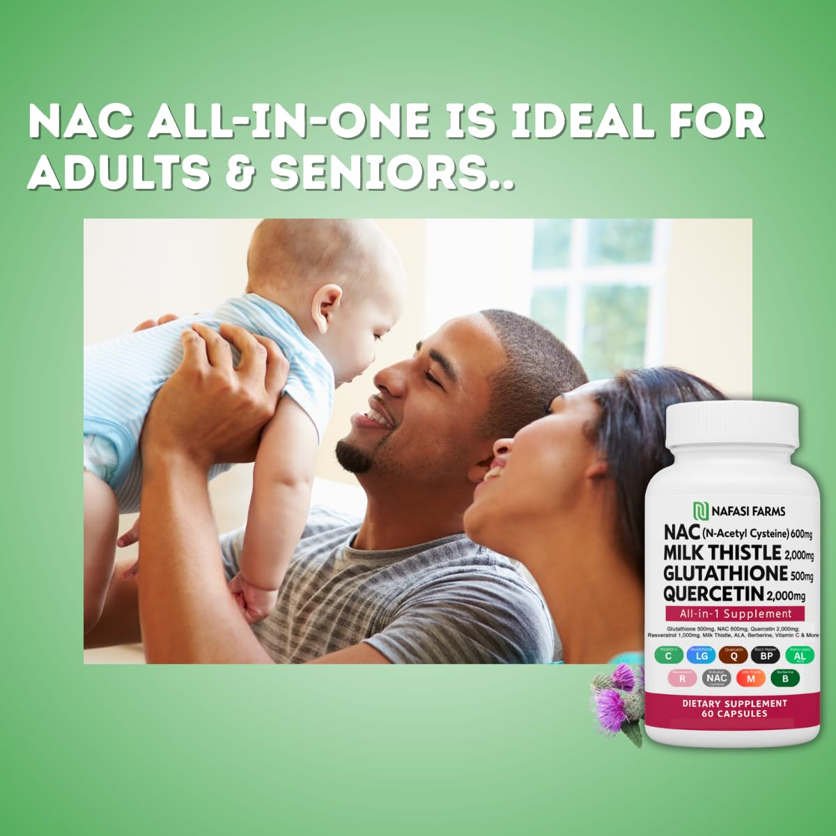 NAFASI FARMS All-in-One NAC, vitamine C et resvératrol pour un soutien antioxydant.