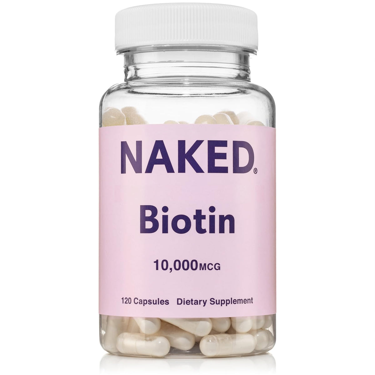 NAKED Biotine 10 000mcg – bouteille et étiquette, soutien potentiel des cheveux