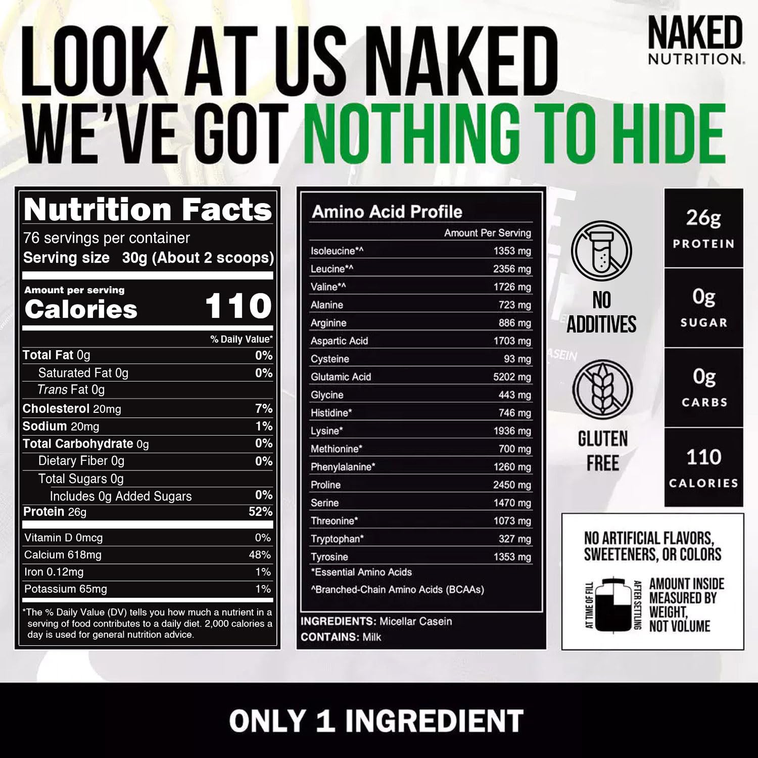 NAKED Casein tableau nutrition, 0 g de glucides et protéines de qualité.
