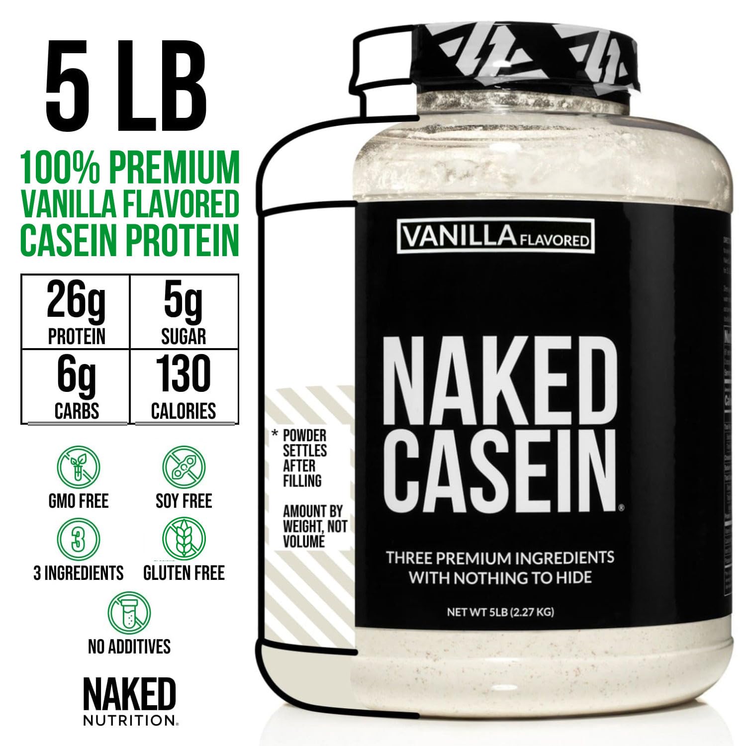 NAKED Casein Vanilla: cuillère-mesure intégrée, dosages faciles pour récupération et croissance musculaire.