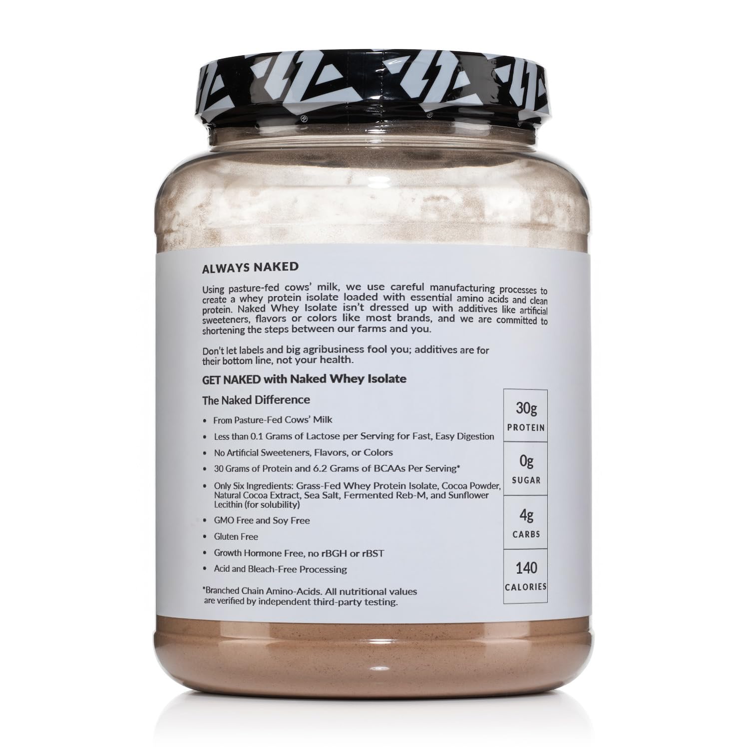 NAKED Chocolate Whey Isolate : sans OGM, sans soja et sans gluten.