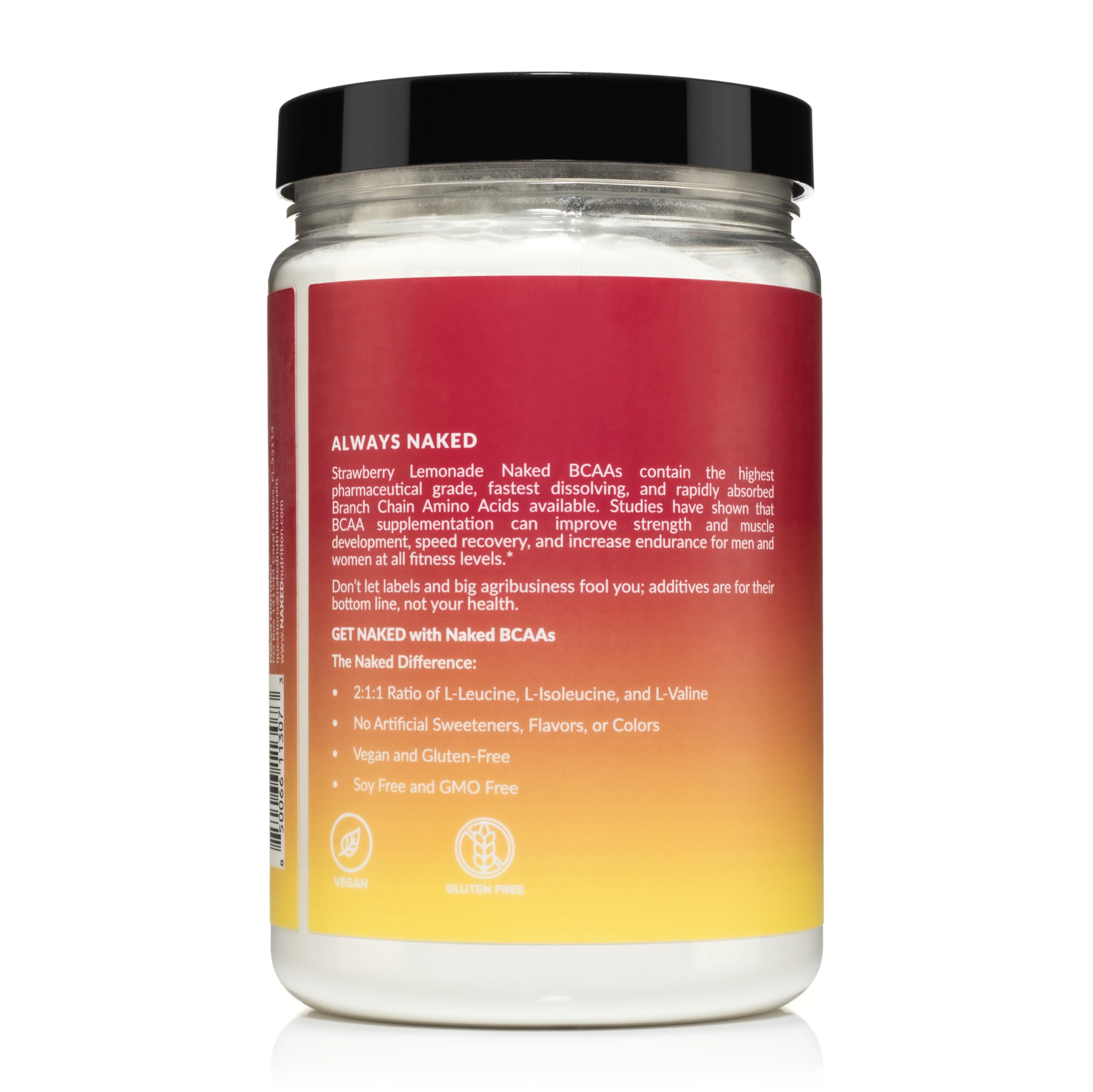 Naked BCAA Fraise-Citronnade poudre mélangée en boisson rafraîchissante après l’entraînement.