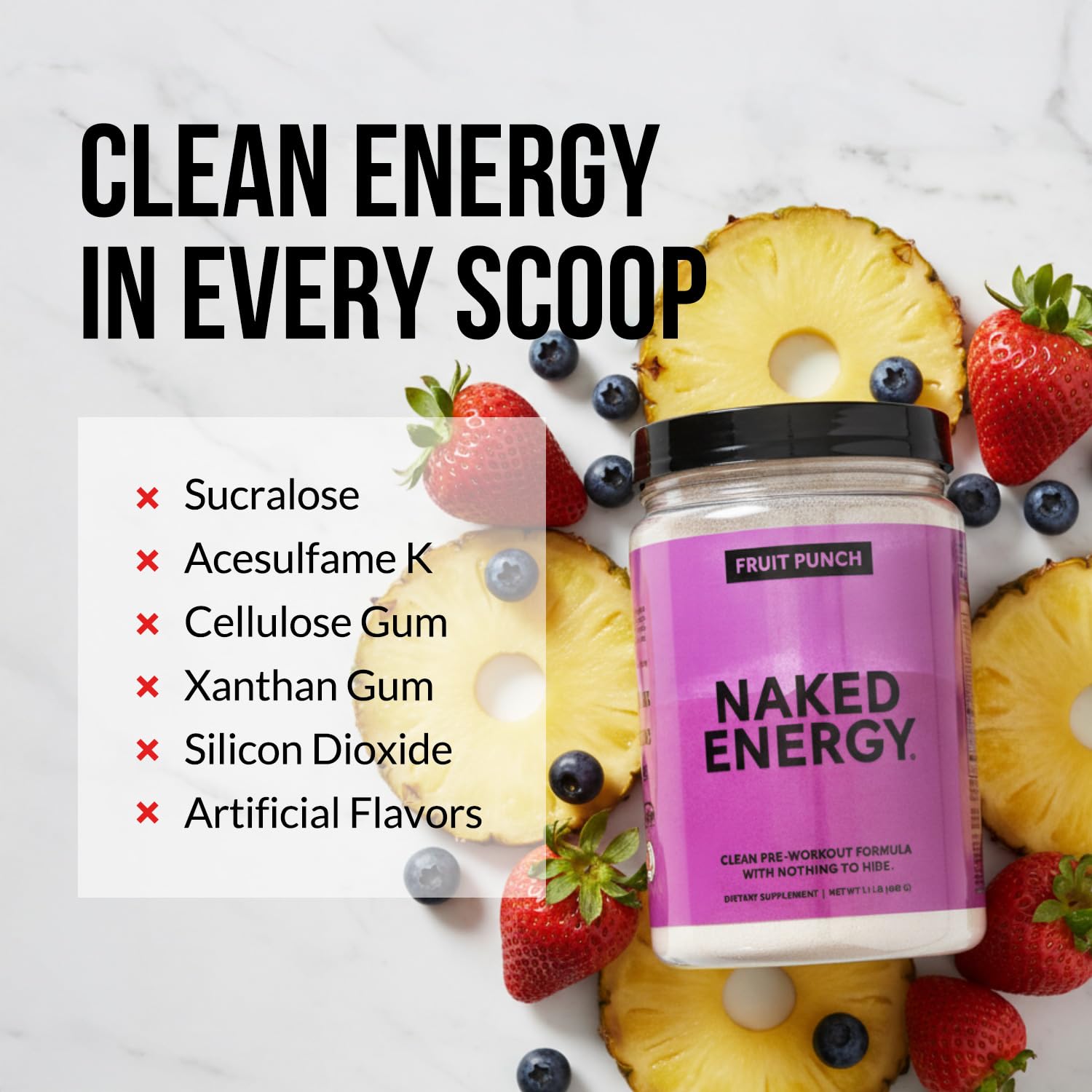 NAKED Fruit Punch Energy – doseur et poudre mesurée pour un pré-entraînement précis.
