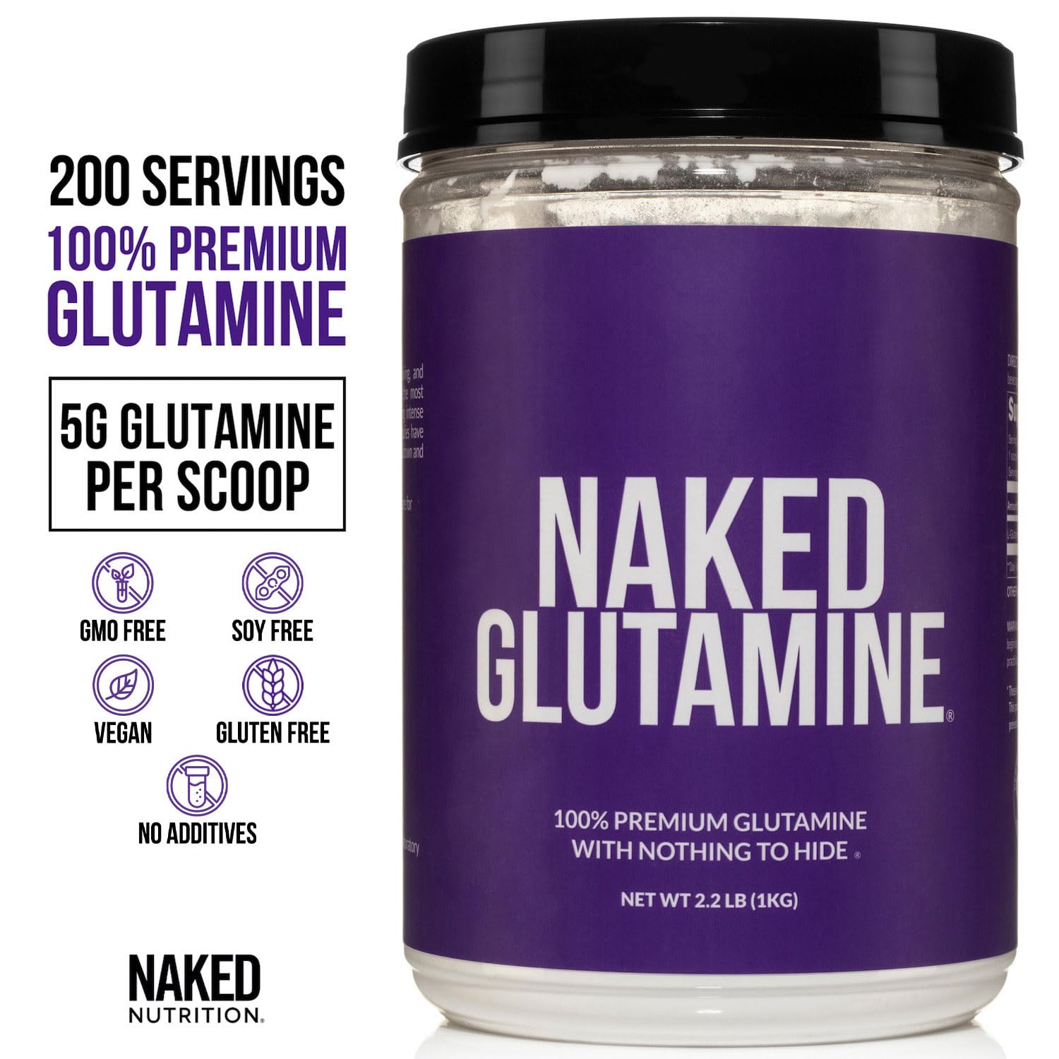NAKED L-GLUTAMINE: bouteille pratique pour dosage quotidien sans additifs.