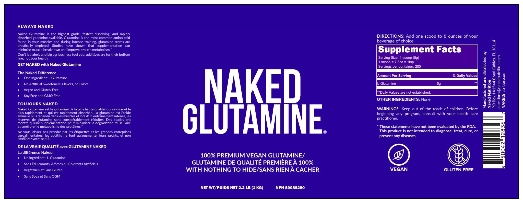 NAKED L-GLUTAMINE: sans additifs, vegan et sans gluten/soja.