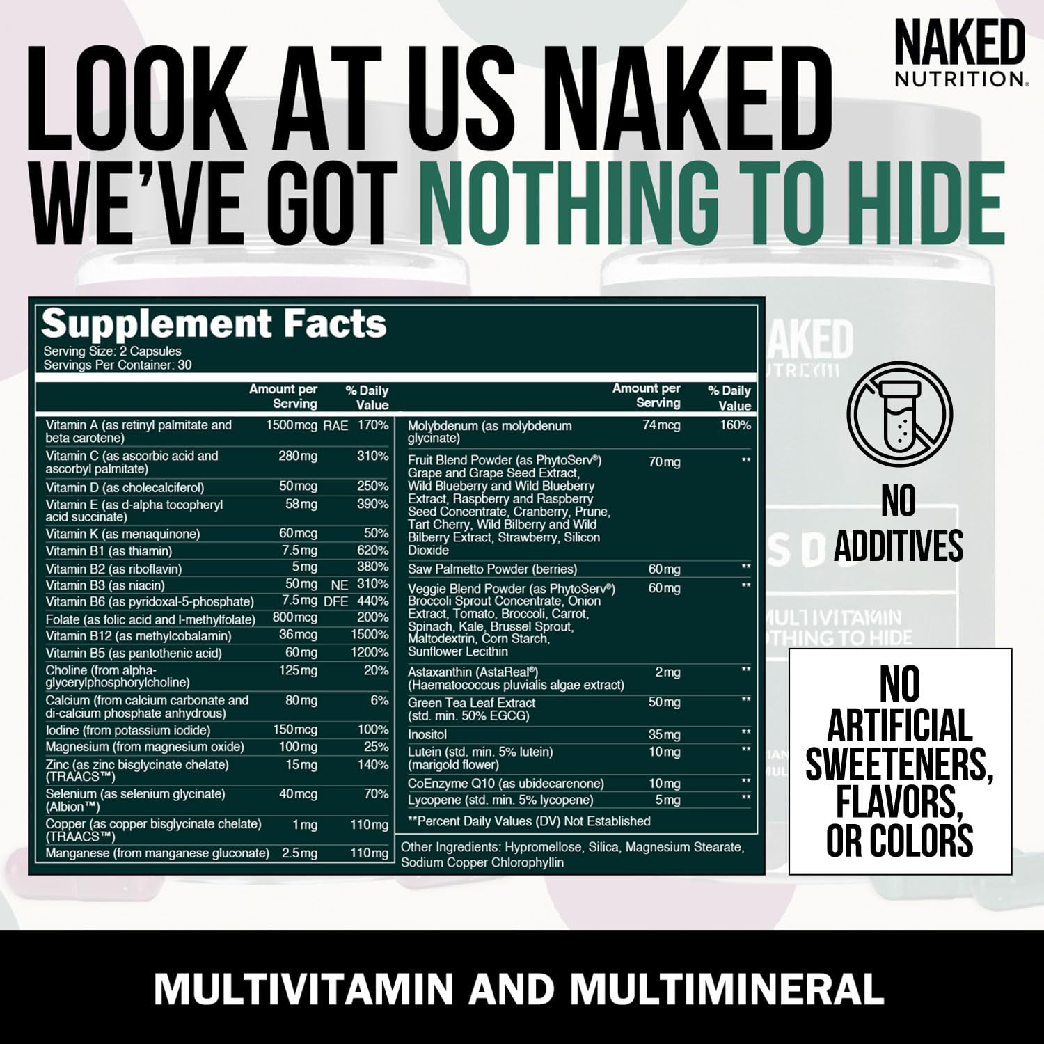 NAKED Men's Multi : etiquette nutritionelle sur l’emballage pour comprendre les nutriments.