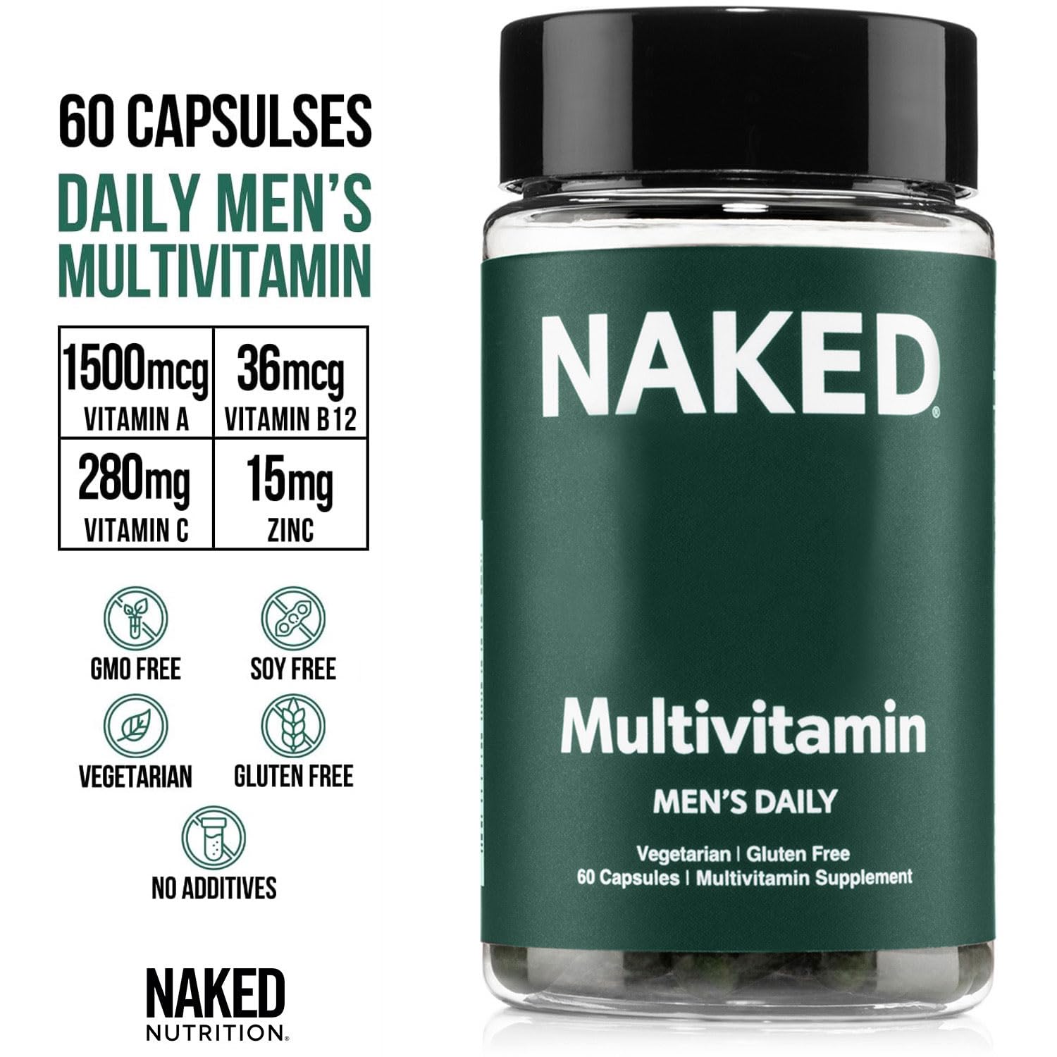 NAKED Men's Multi : tableau ingrédients affichant vitamines et minéraux clés.