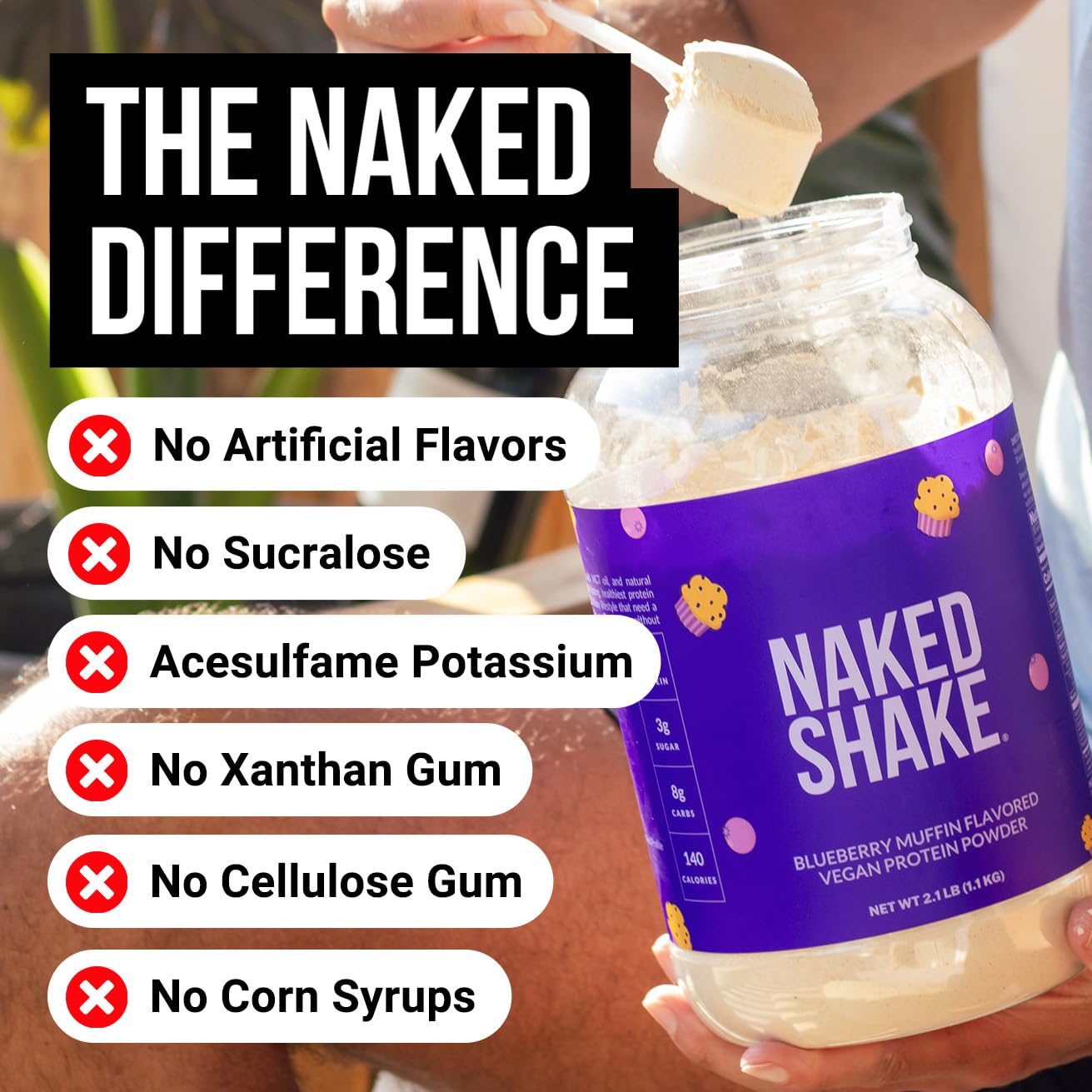 NAKED Shake Muffin Myrtille – poudre protéinée végétale prête à être mélangée pour un en‑cas rapide.