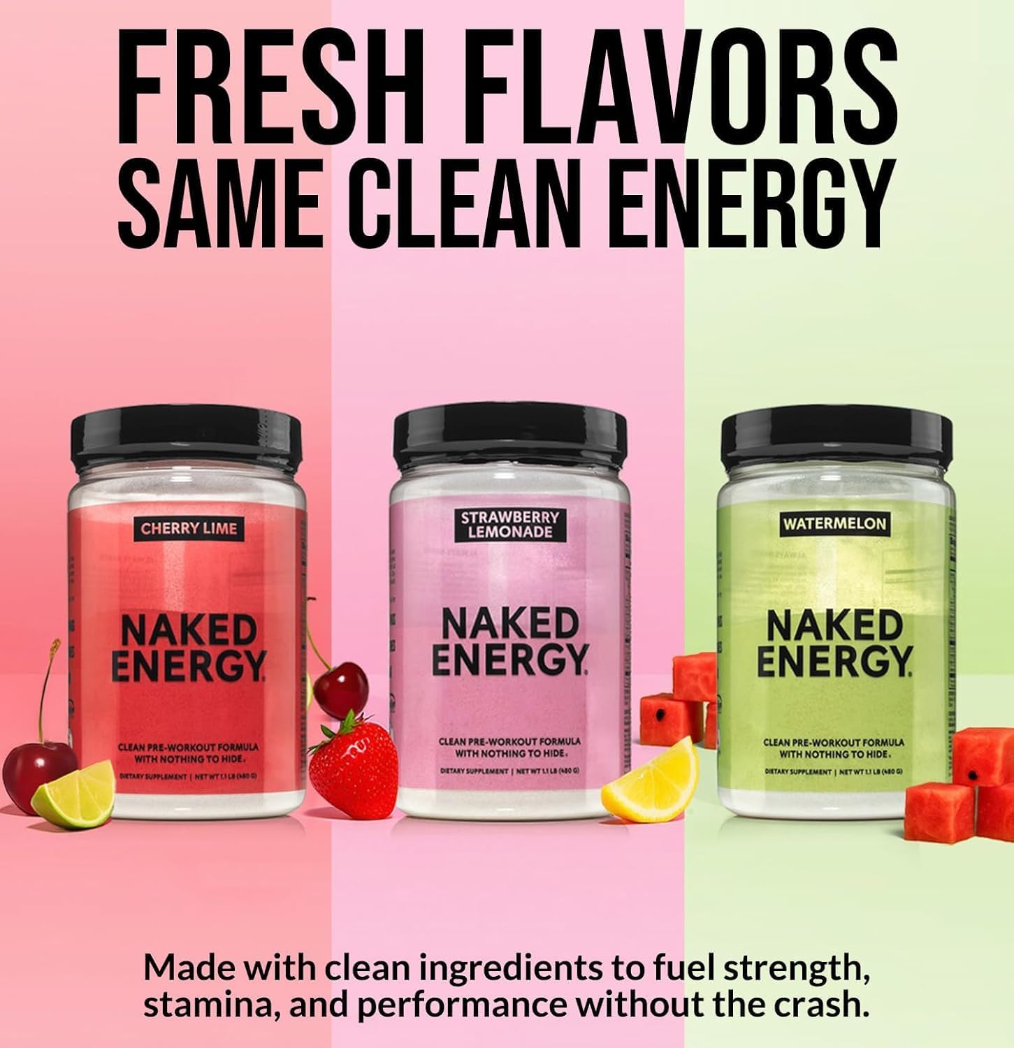 NAKED Strawberry Lemonade Energy – ingrédients clés comme caféine et vitamine C.