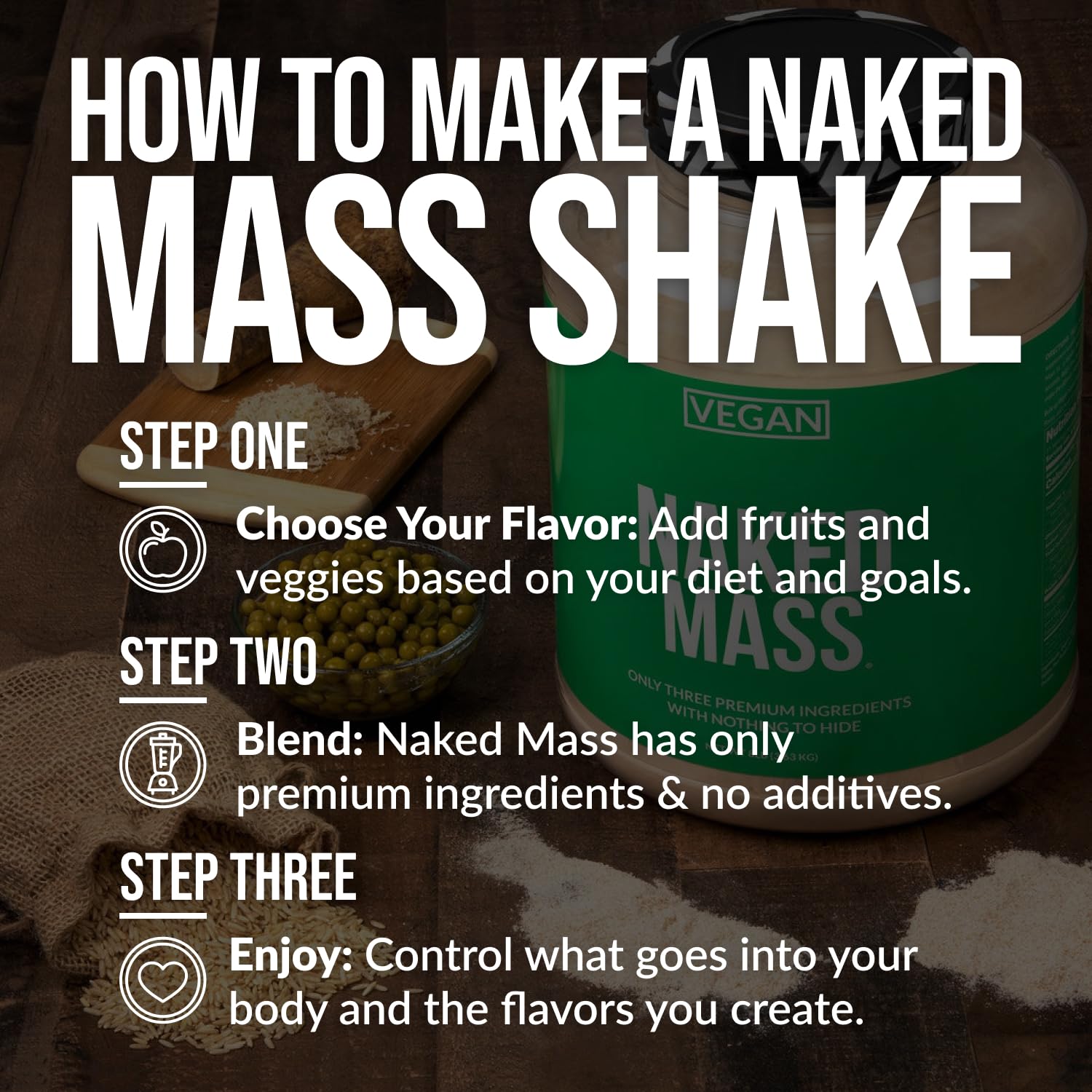 NAKED Vegan Mass emballage 8 livres pour 11 portions.