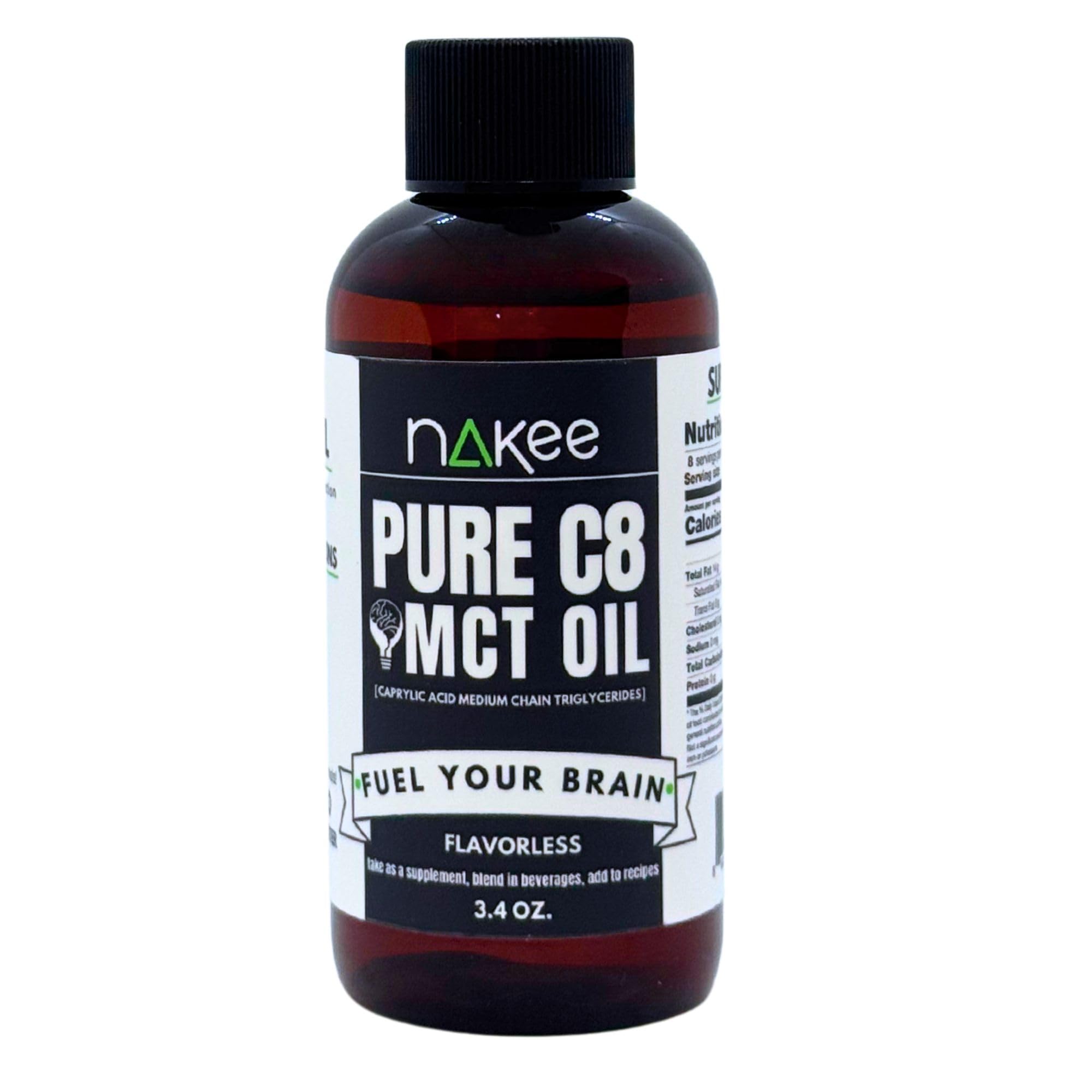 Nakee Butter C8 MCT Oil en bouteille; énergie durable prête à l’emploi.