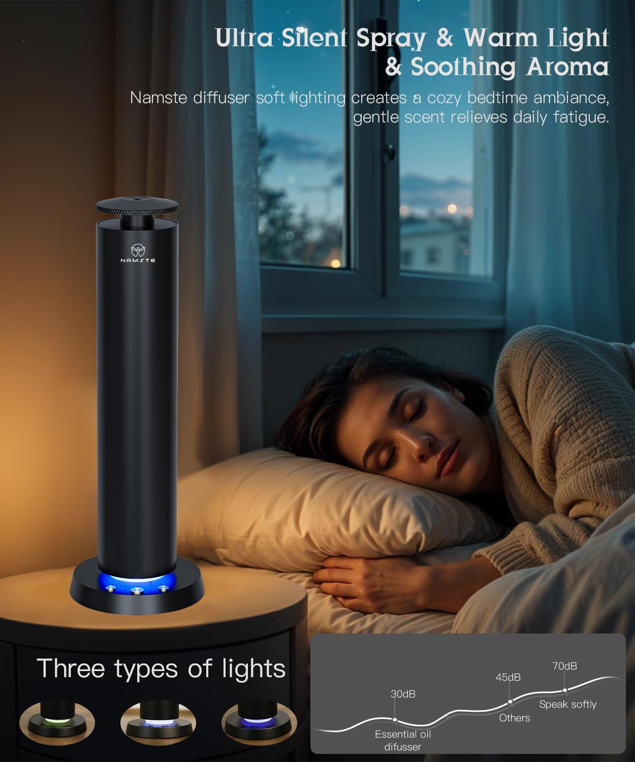 Namste diffuseur sans fil, recharge Type-C rapide pour maison et voyage.