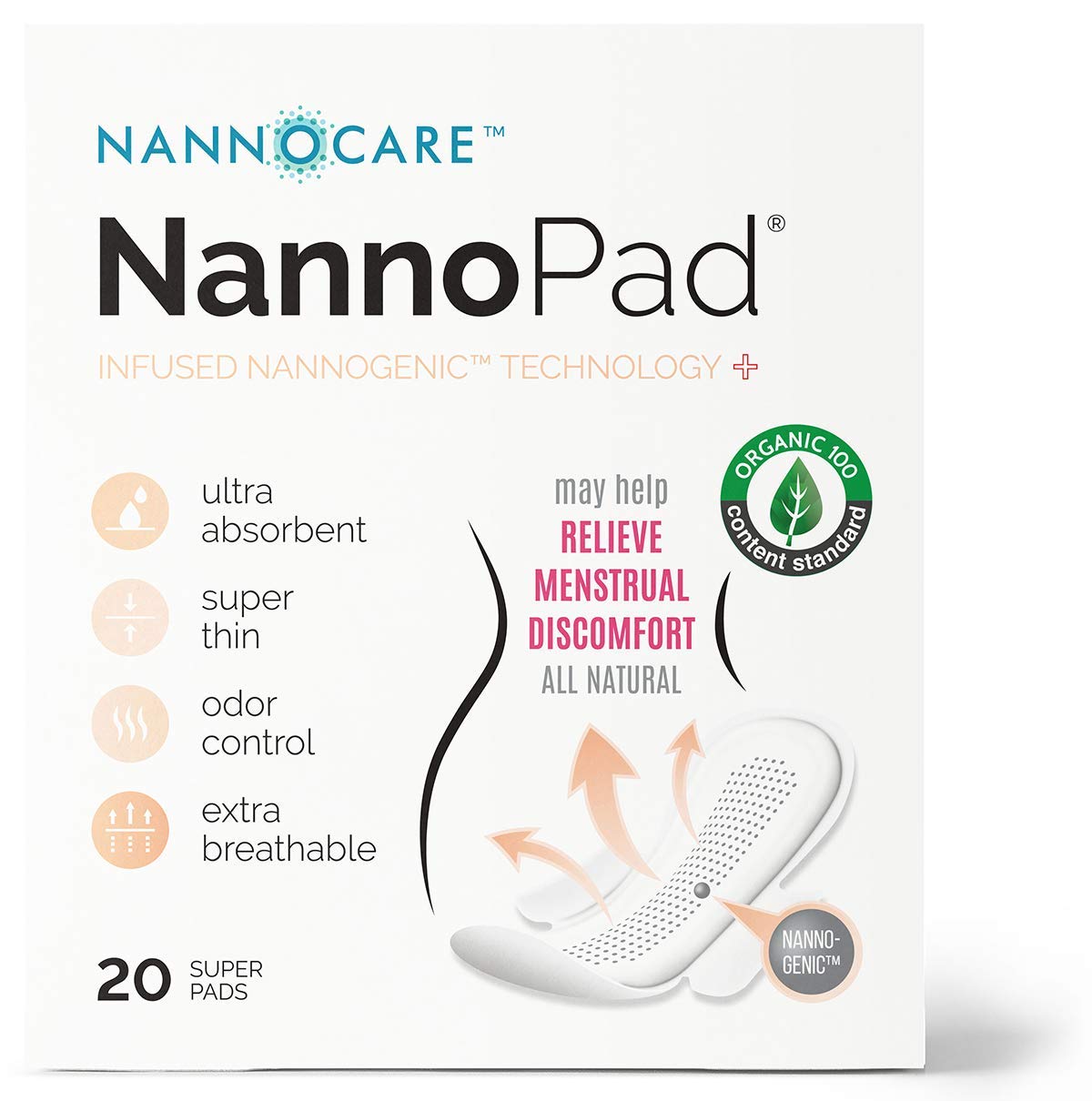 NannoPad Super, boîte discrète et coton biologique certifié pour un confort doux.