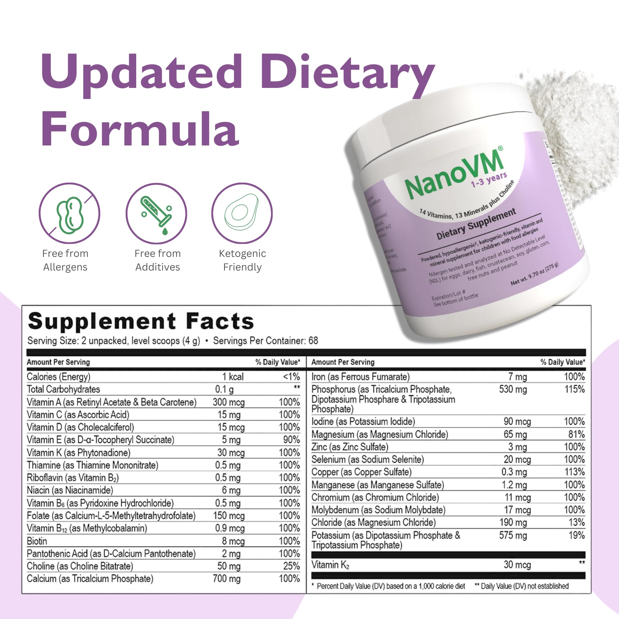 NanoVM poudre: 14 vitamines et 13 minéraux, formulation complète pour l'alimentation.
