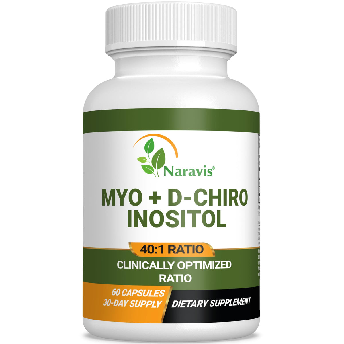 Naravis Myo-Inositol et D-Chiro Inositol 40:1, bouteille de capsules, soutien hormonal potentiel.