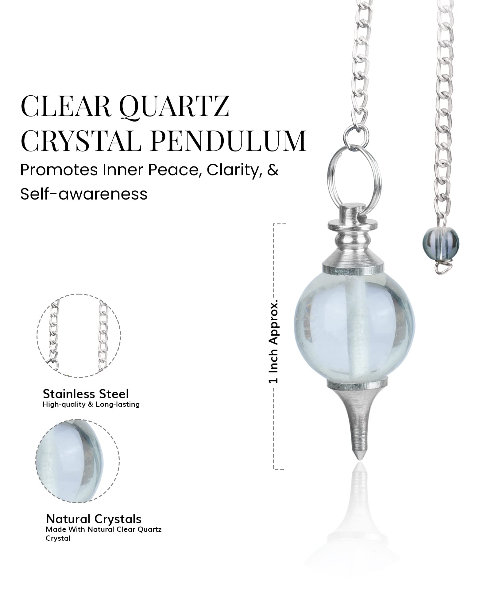Pendule Naribabu quartz clair avec chaîne argentée, idéal pour méditation et énergie.
