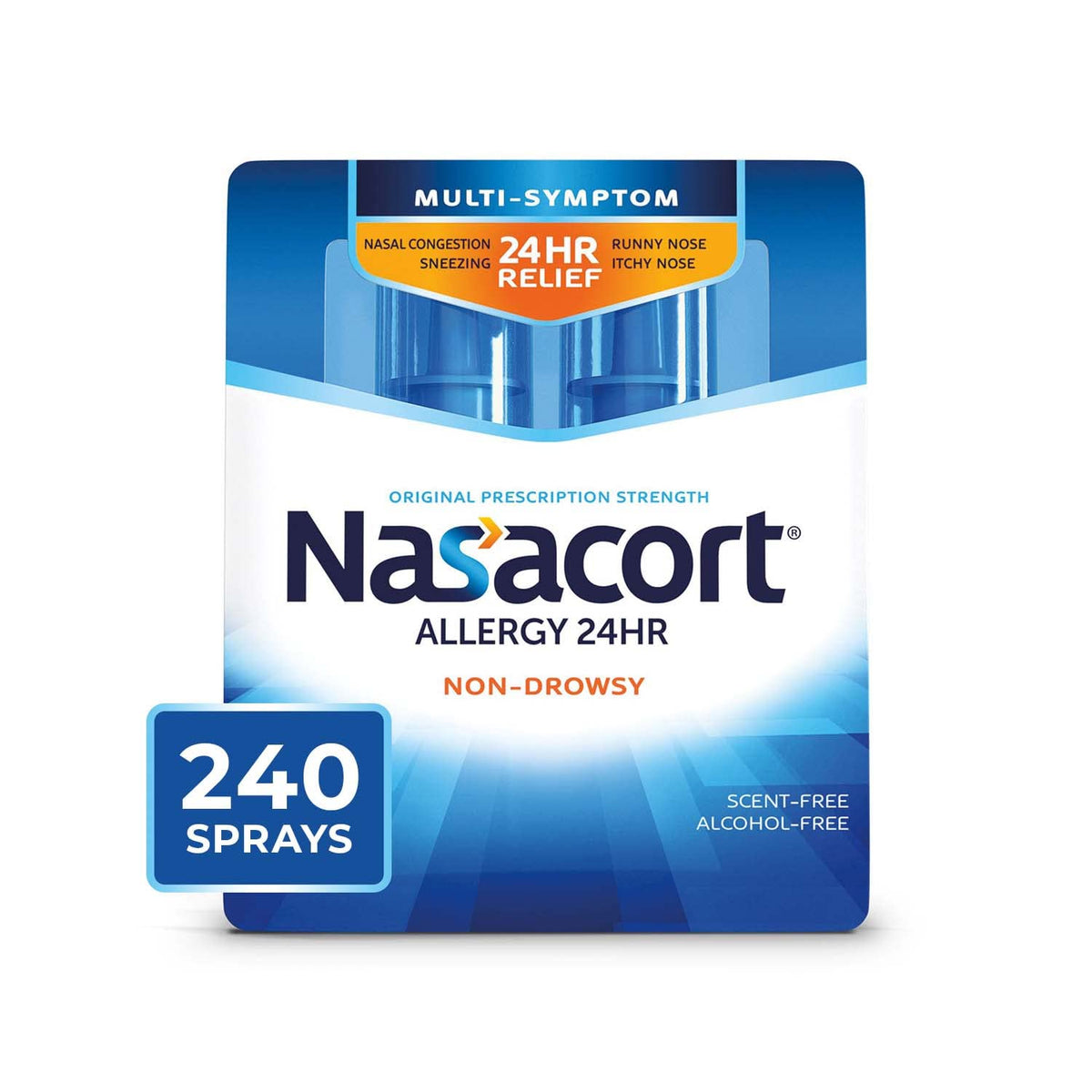 Nasacort 24H, bouteille principale pour adultes, soulagement potentiel toute la journée.