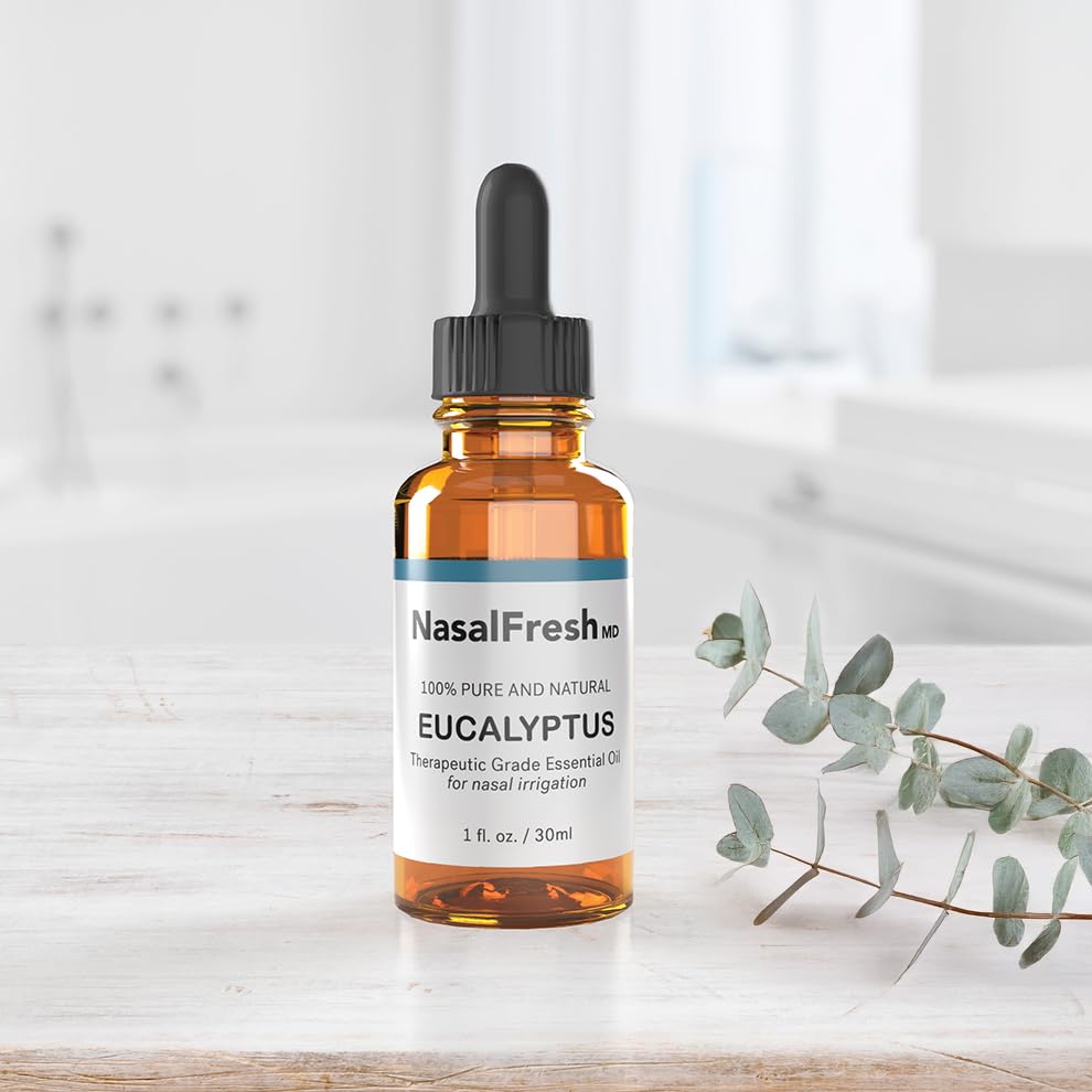 Nasalfresh MD – gouttes d'huile essentielle d'eucalyptus ajoutées à une solution saline pour irrigation nasale.