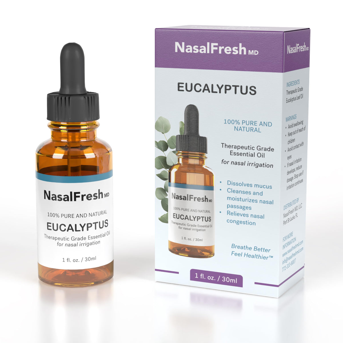 Nasalfresh MD – flacon d'huile essentielle d'eucalyptus, prêt pour l'irrigation nasale.