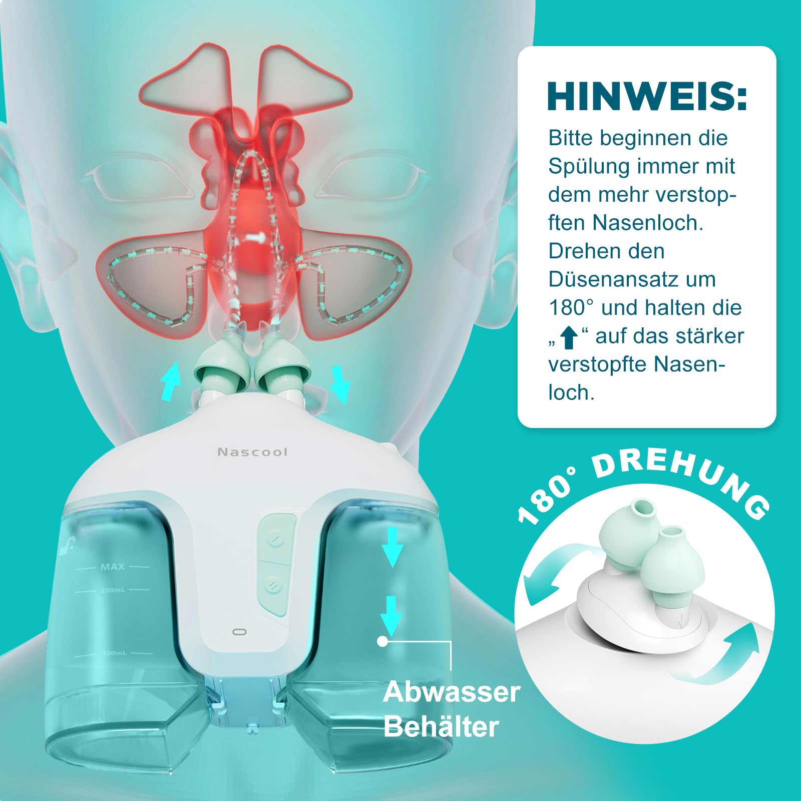 Détail de la buse rotation 360° pour un rinçage efficace.