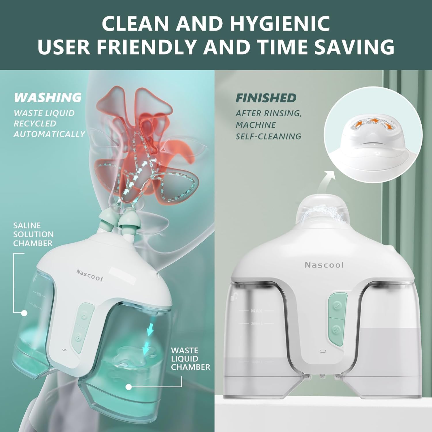 Nascool deux modes de nettoyage nasal adaptés à l’utilisateur.