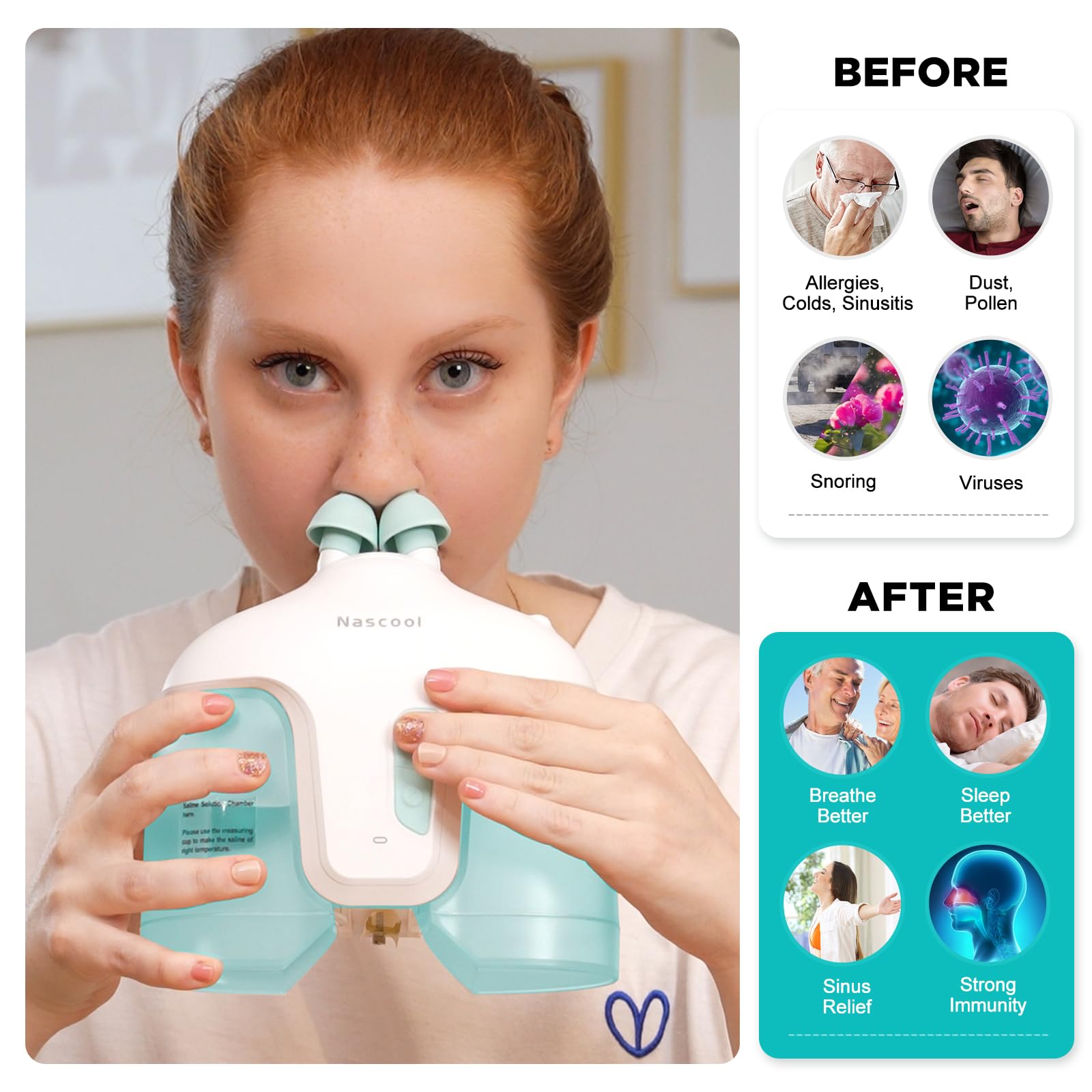 Nascool système d irrigation nasal avec bouteille et réservoir visibles et ergonomiques.