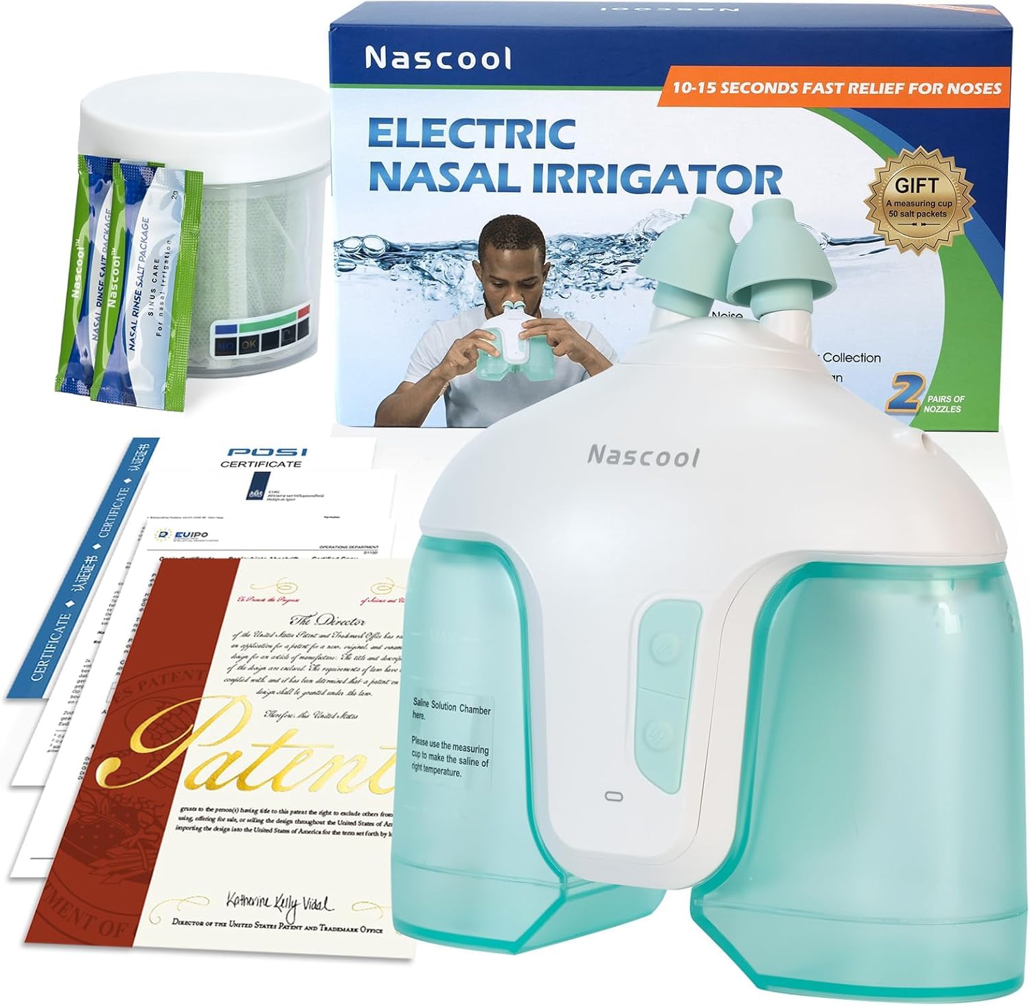Nascool système d'irrigation nasale avec buse 360° pour une couverture complète.