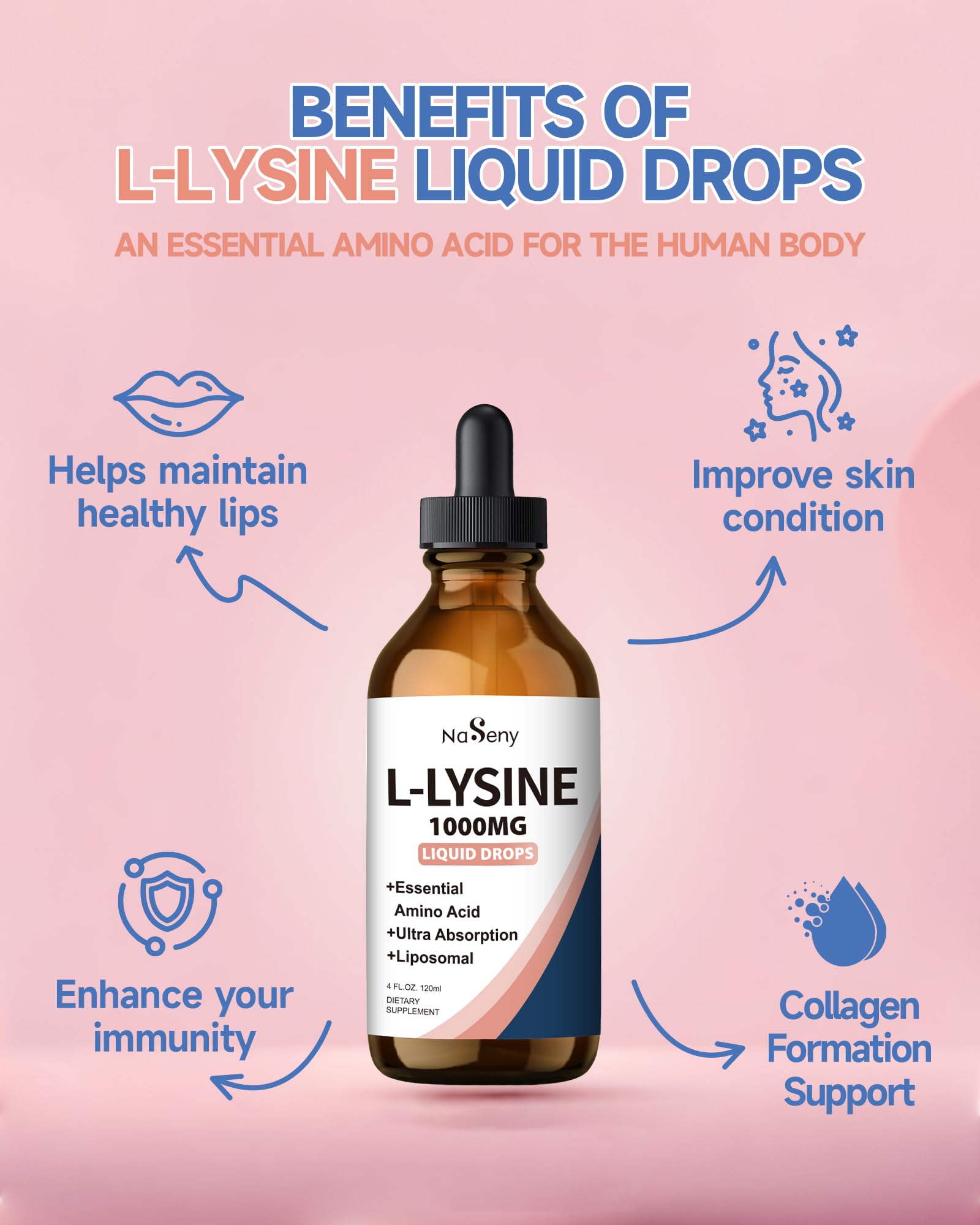NaSeny gouttes lysine – étiquette claire et ingrédients naturels visibles.