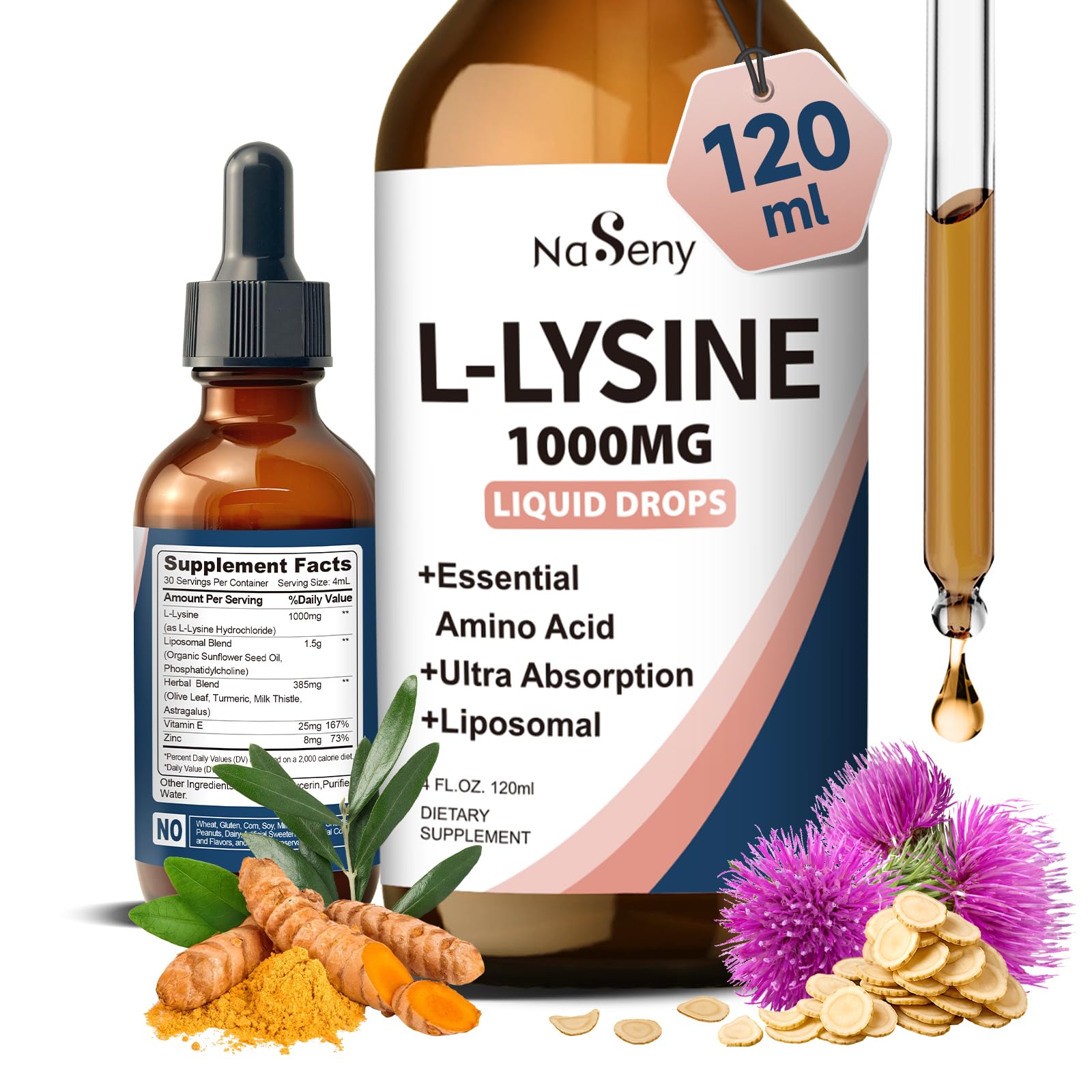 NaSeny gouttes lysine liquides – bouteille affichant 1000 mg, soutien potentiel des tissus.