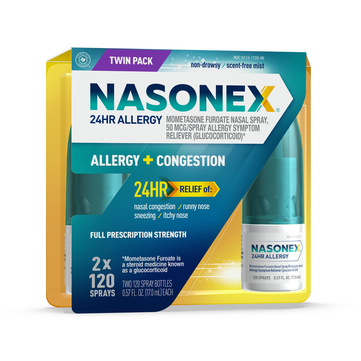 Nasonex bouteille de spray nasal 24h pour un soulagement potentiellement durable des symptômes allergiques.