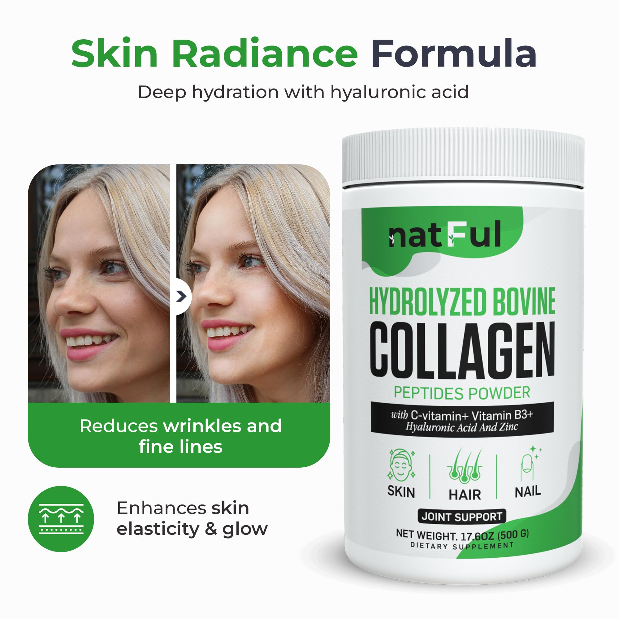 NATFUL Collagen Peptides Hyaluronique favorisant l’hydratation et le confort cutané.