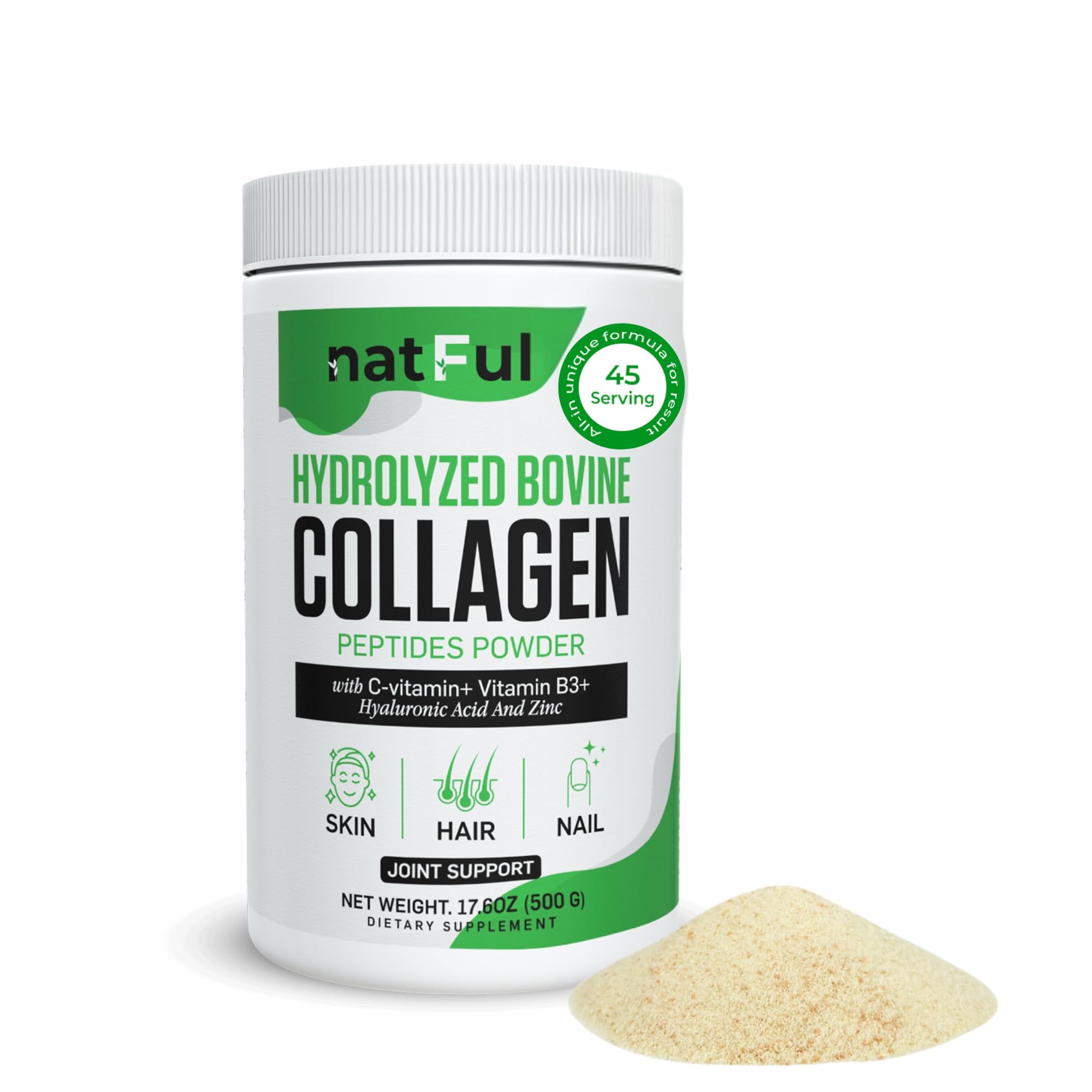 NATFUL Collagen Peptides poudre dissoute prête dans une boisson; soutien potentiel à peau, cheveux et ongles.