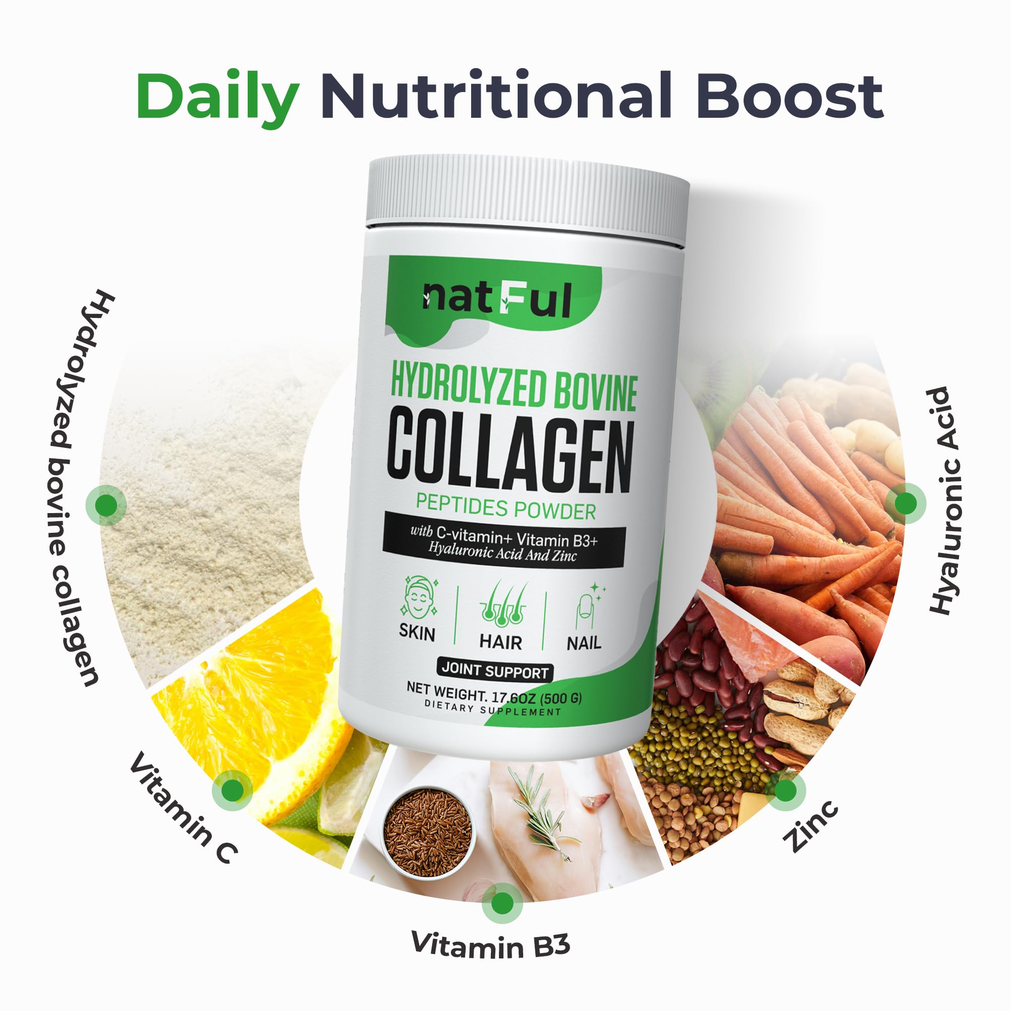 NATFUL Collagen Peptides sans gluten et sans lactose, adapté à diverses routines.