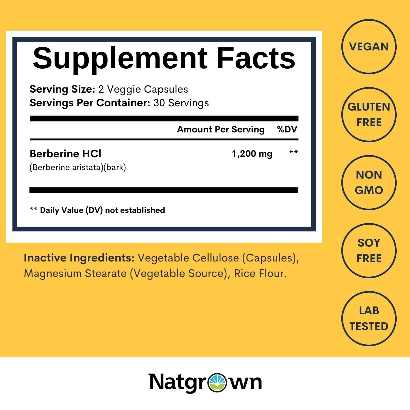 Natgrown Berberine HCl, capsules: format pratique pour une ingestion facile.