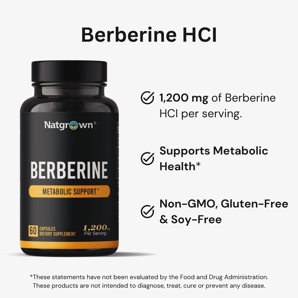 Natgrown Berberine HCl, etiquette: produit vegan et sans gluten pour le quotidien.