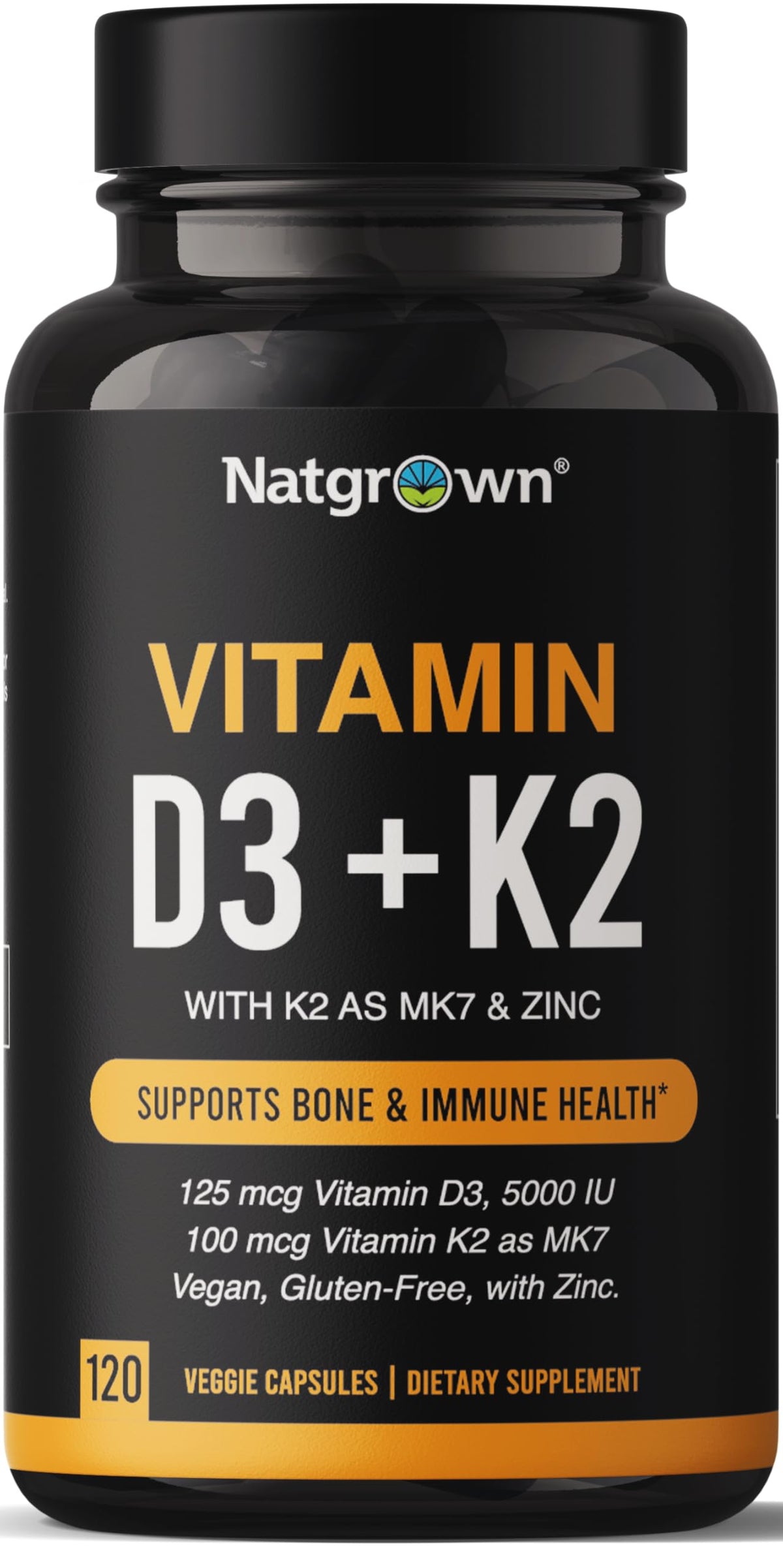 Natgrown: capsules D3 K2 zinc dans une bouteille prête à l'emploi pour la routine quotidienne.