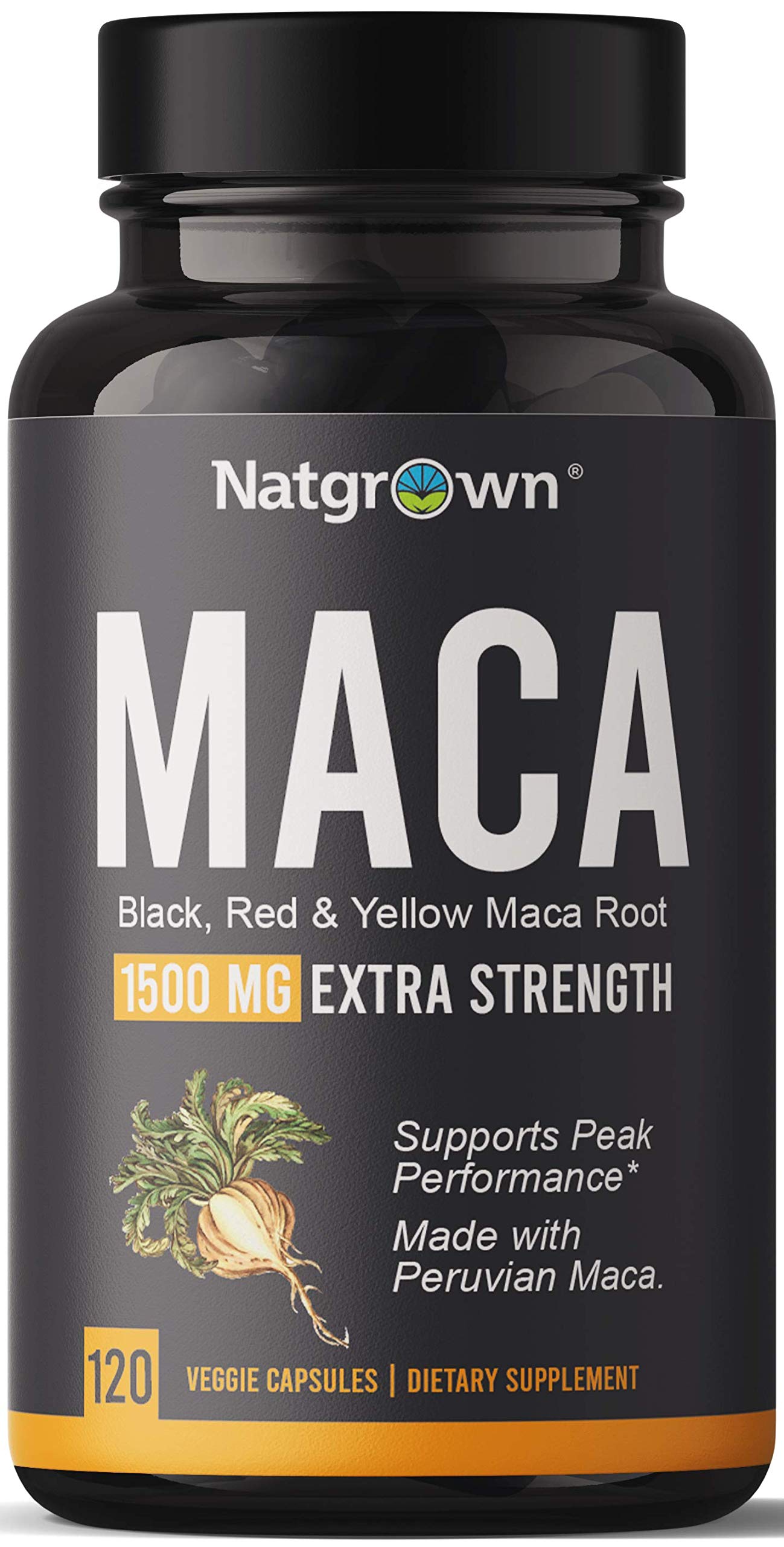 Natgrown Maca poudre bouteille 1500 mg, dose pratique quotidienne.